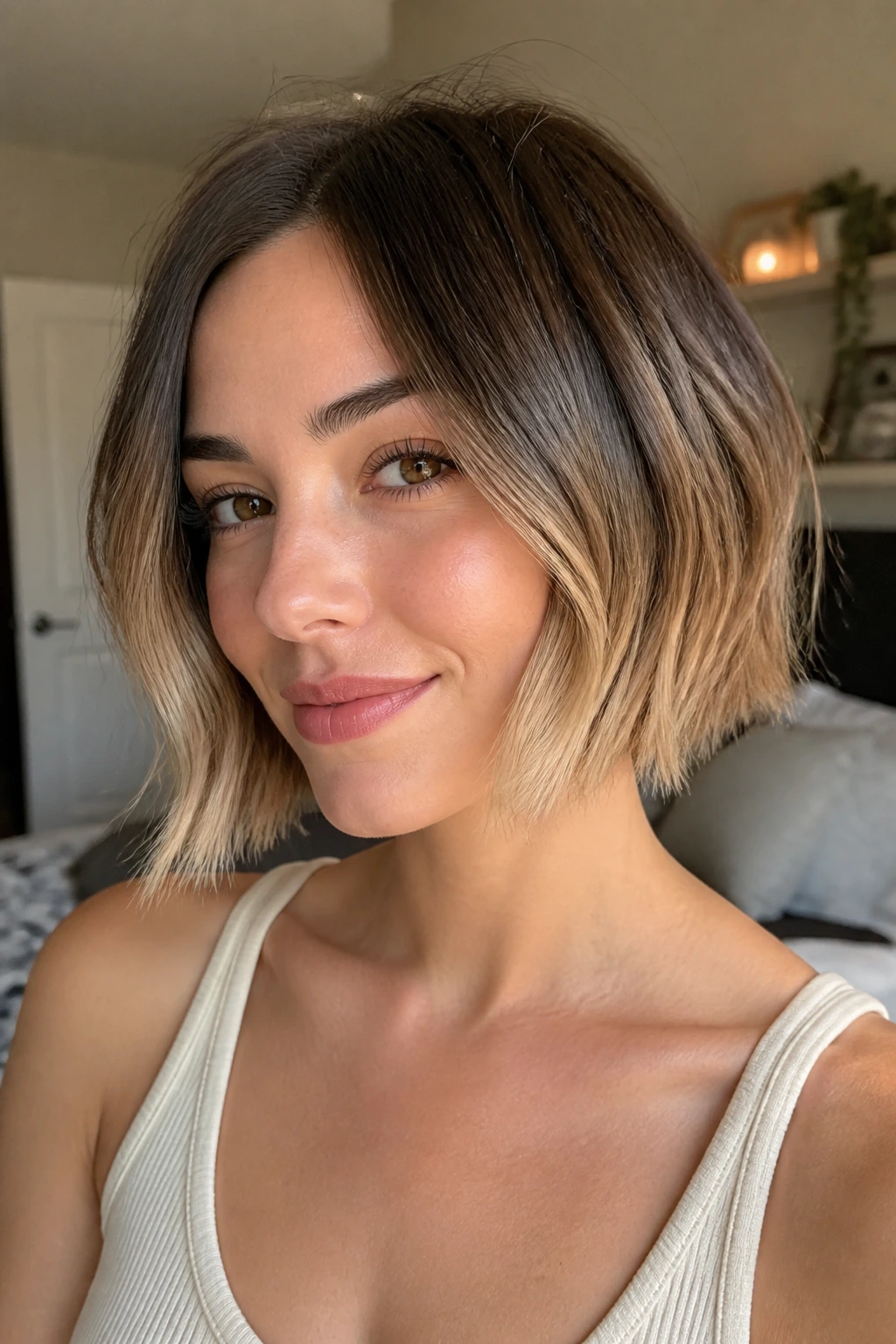 Close-up of short ombre haircut with soft melt on a real person