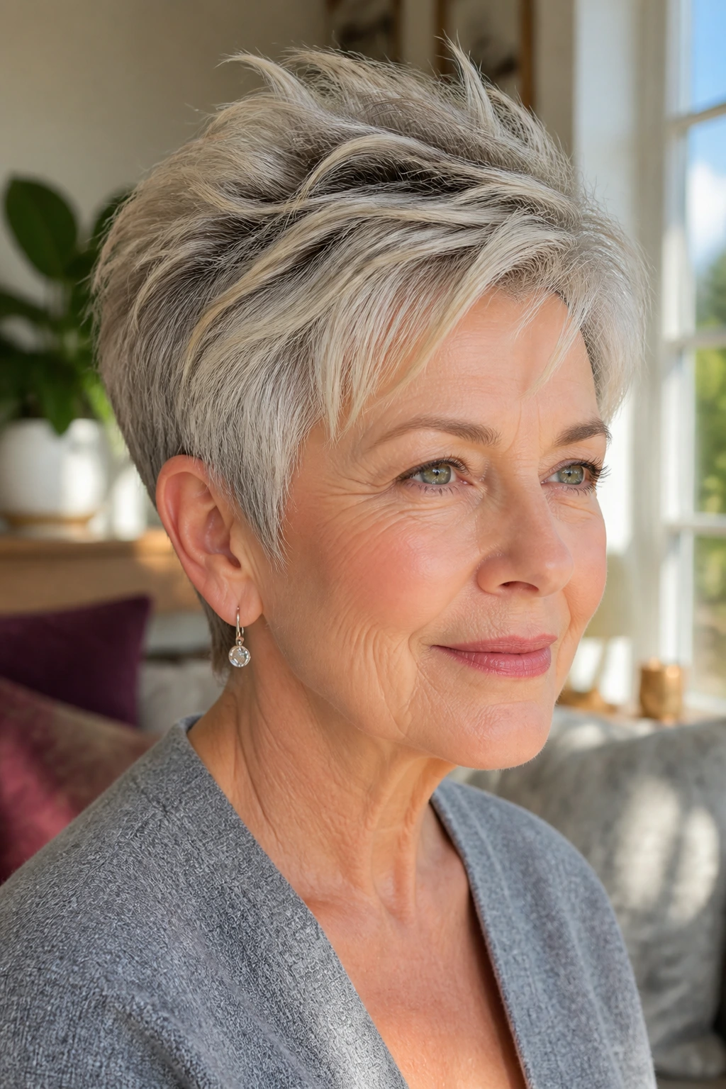 Close-up of an older woman with a crown-lift short hairstyle in warm window light