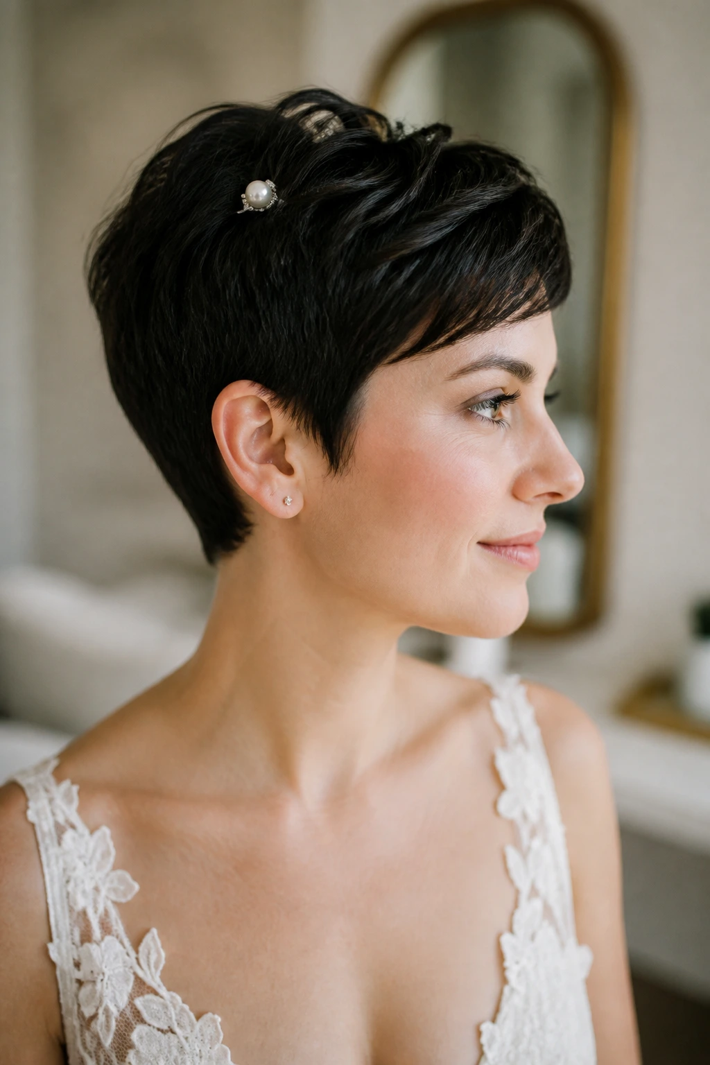 Close-up of a real bride wearing a short pixie with a pearl pin