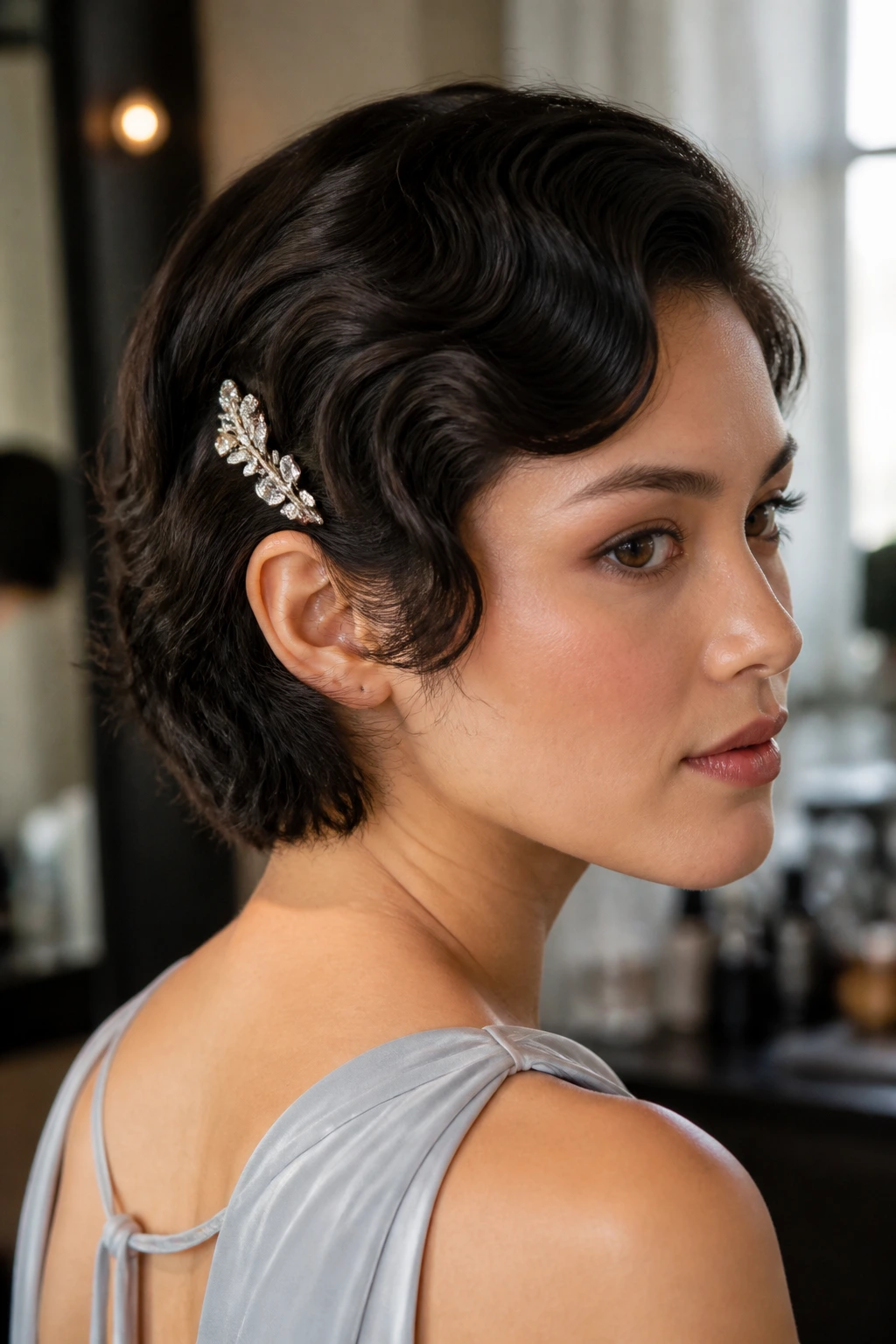 Close-up of a real woman with short hair styled in pin waves and a decorative clip behind the ear