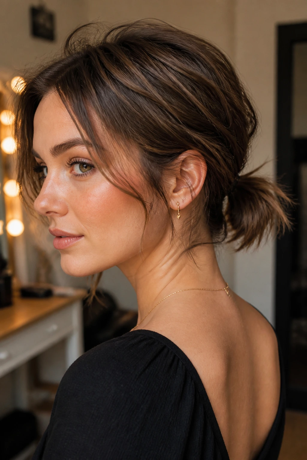 Short hairstyle messy ponytail real woman close-up