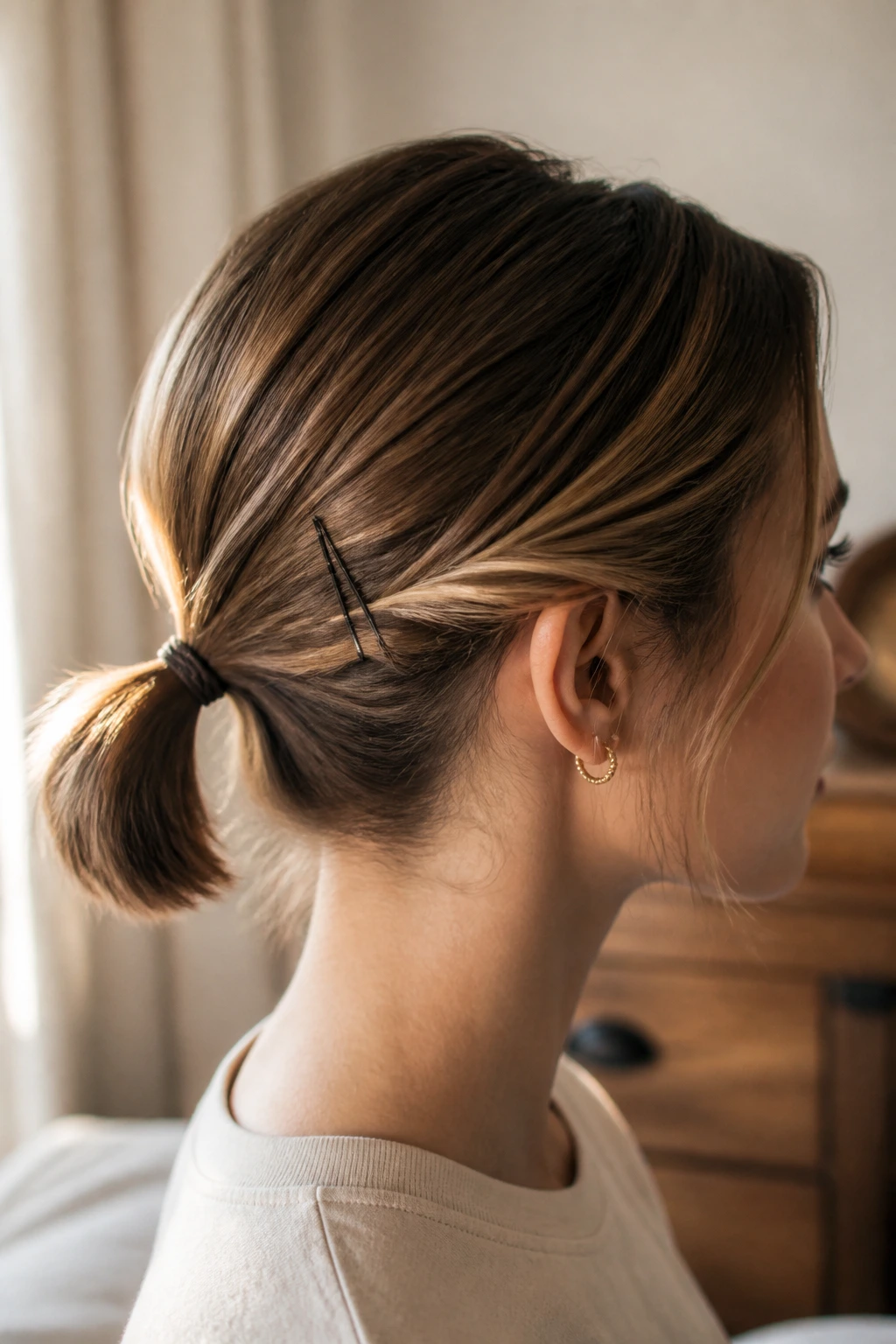 Close-up of a short-haired person with a low anchored ponytail and pins