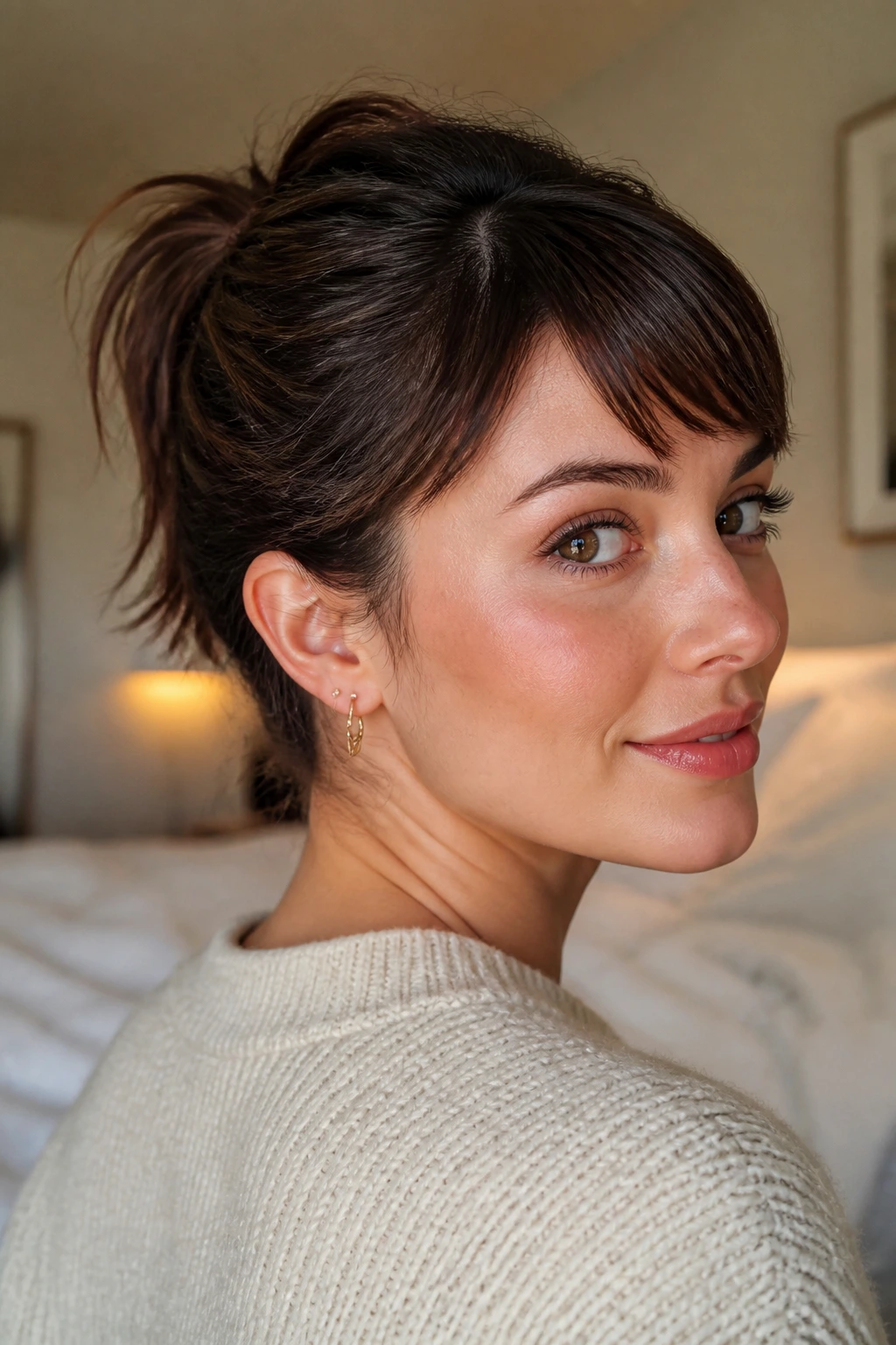 Close-up portrait of a person with a short haircut styled into a ponytail emphasizing the nape and crown