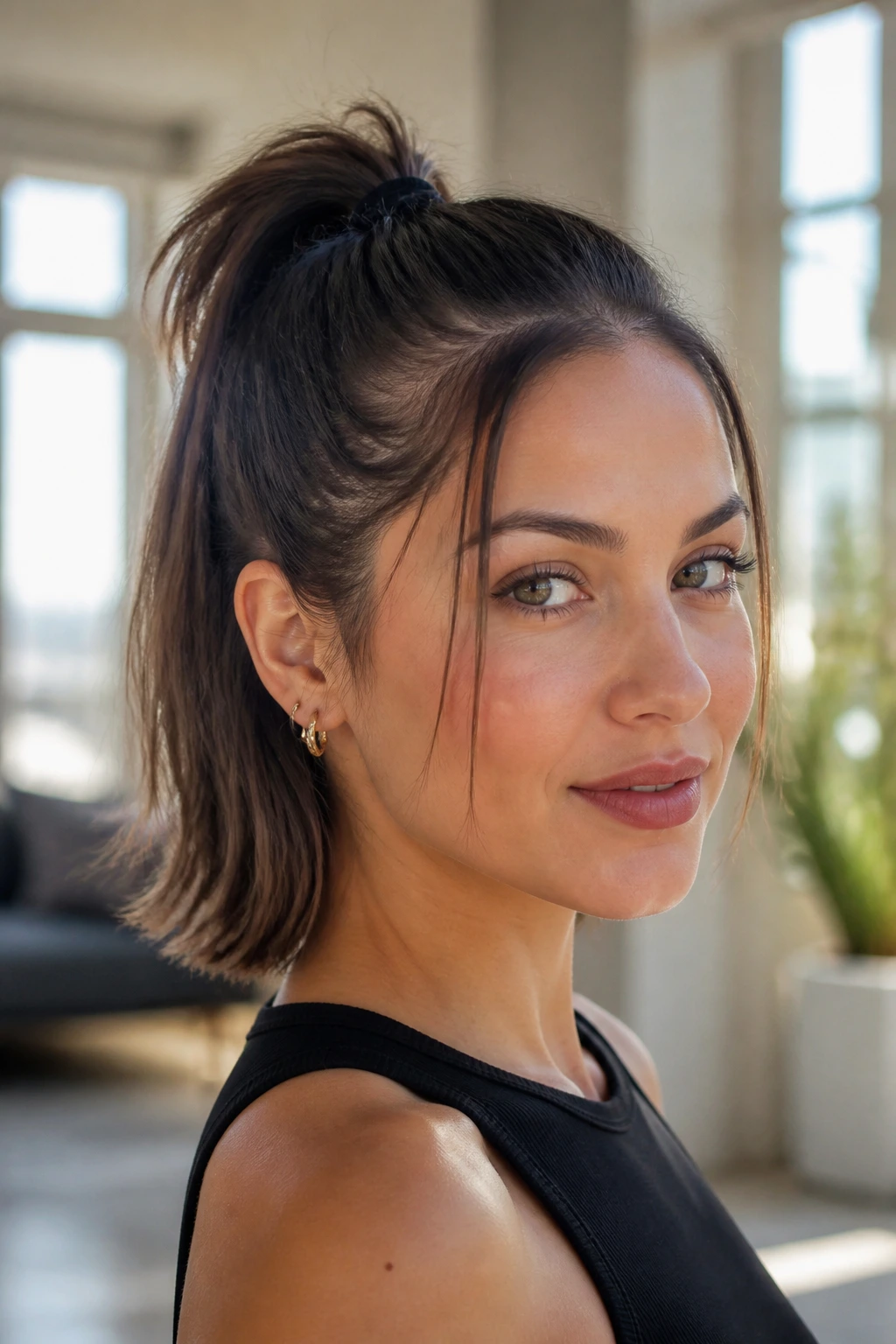 Close-up of a real woman with a short-hair mini high ponytail