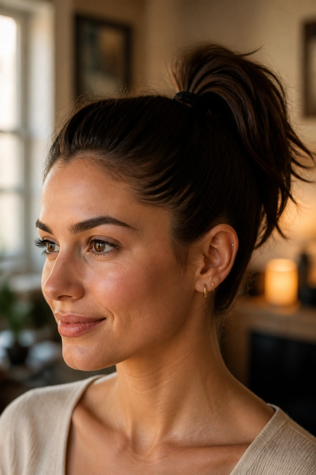 Close-up portrait of a real woman with a stay-put high ponytail on short hair