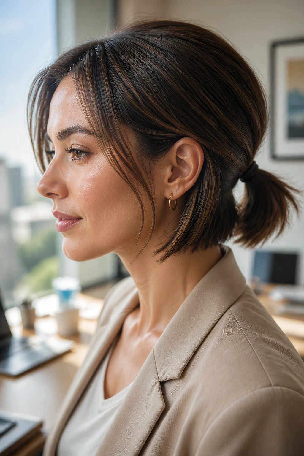 Close-up of a real person wearing a sleek short-ponytail in an office setting