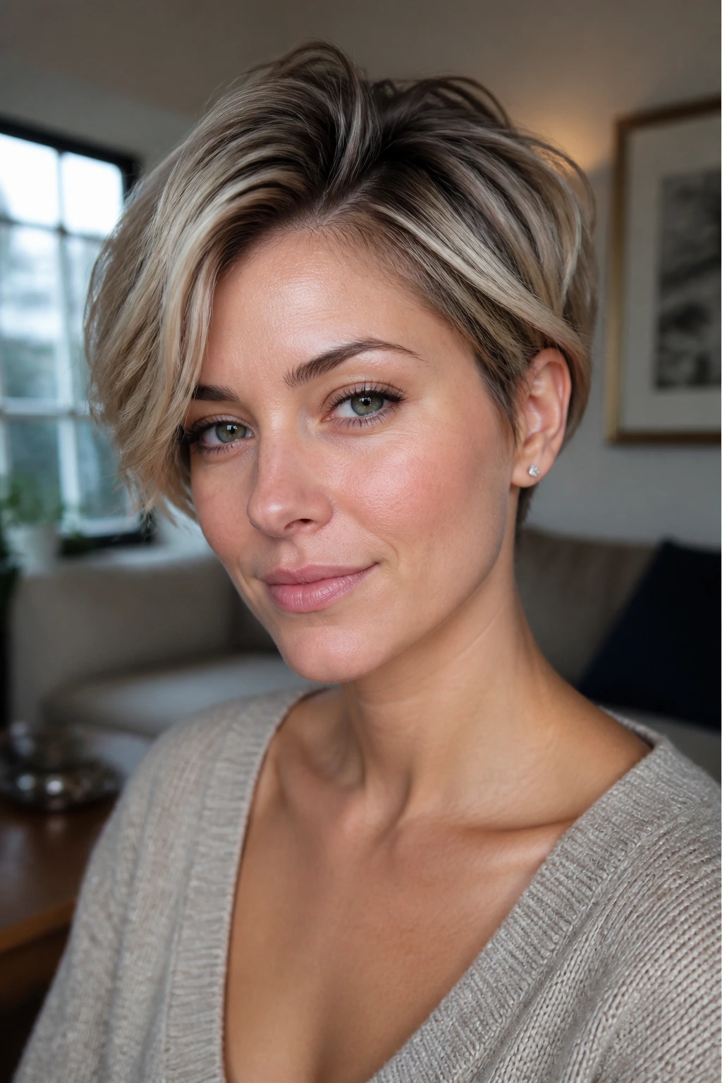 Close-up portrait of a real woman with short hair in a cozy room