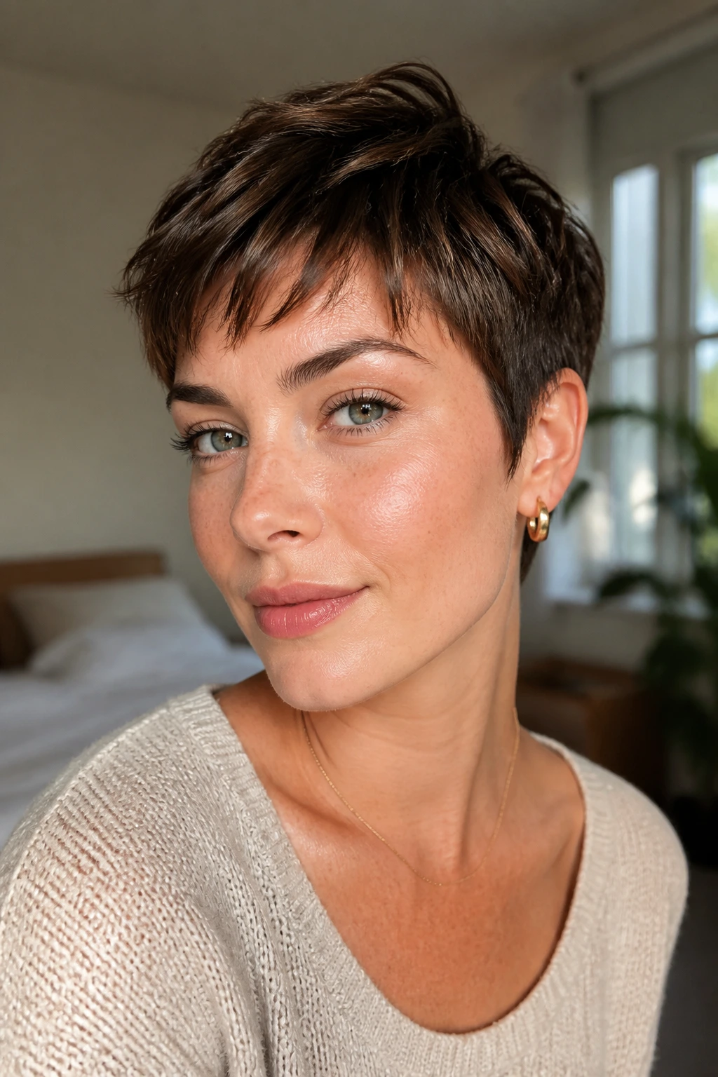 Close-up portrait of a real person with a chic short hairstyle in a sunlit bedroom
