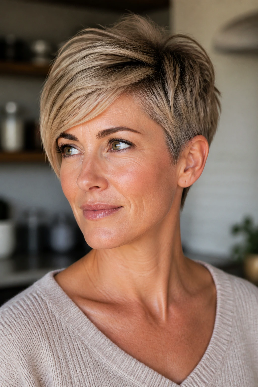 Portrait of a woman with a simple short haircut in morning kitchen light