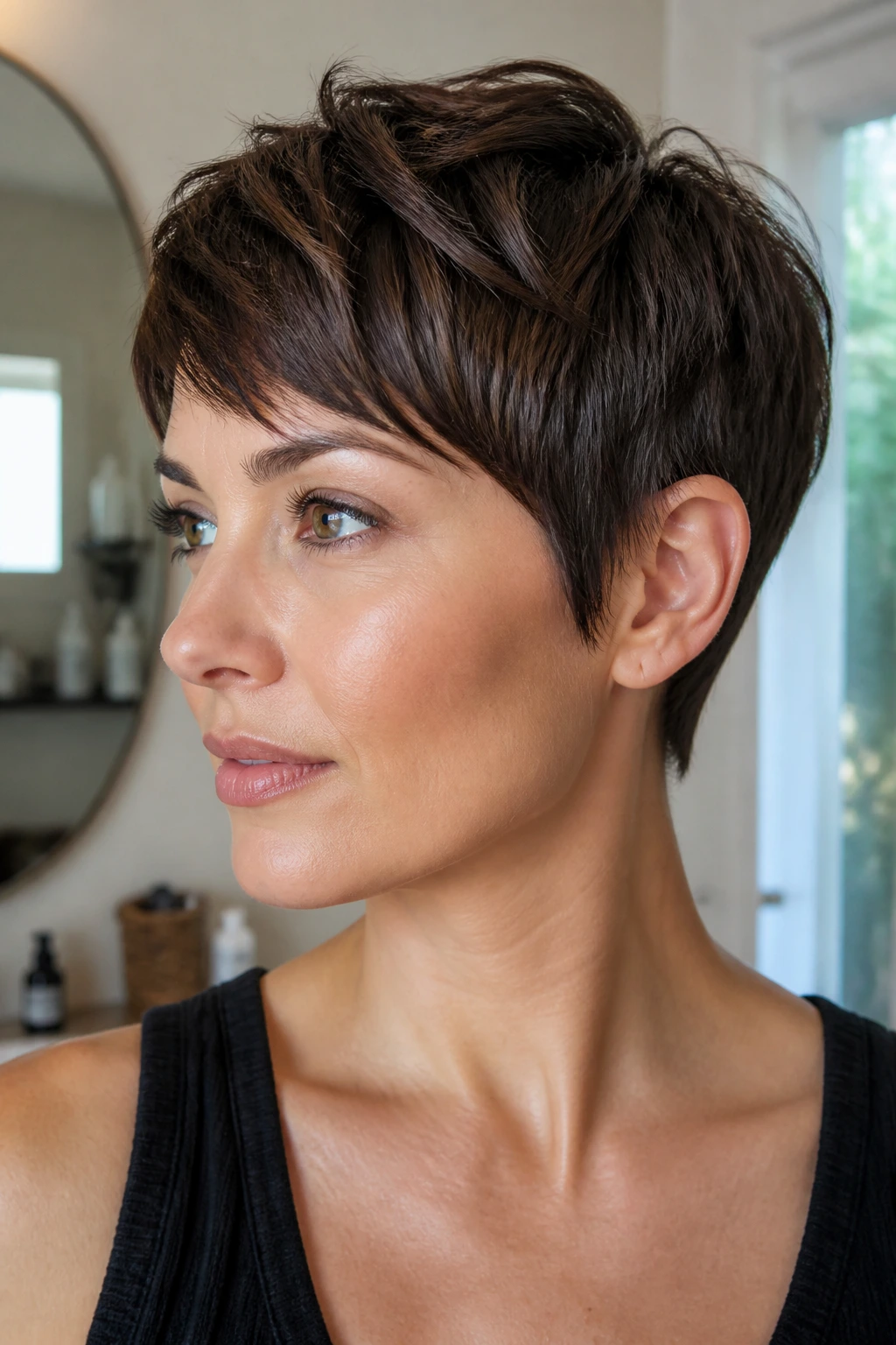Close-up portrait of a person with a crisp short haircut in a warm home setting
