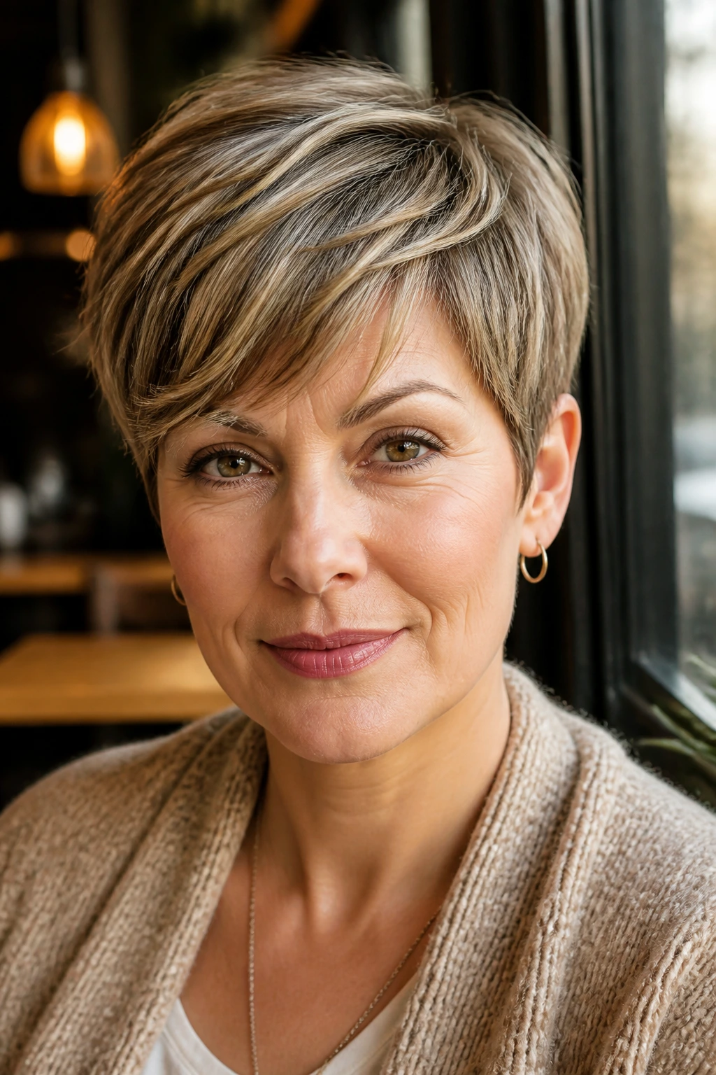 Close-up portrait of a real woman with a versatile short haircut in warm cafe window light