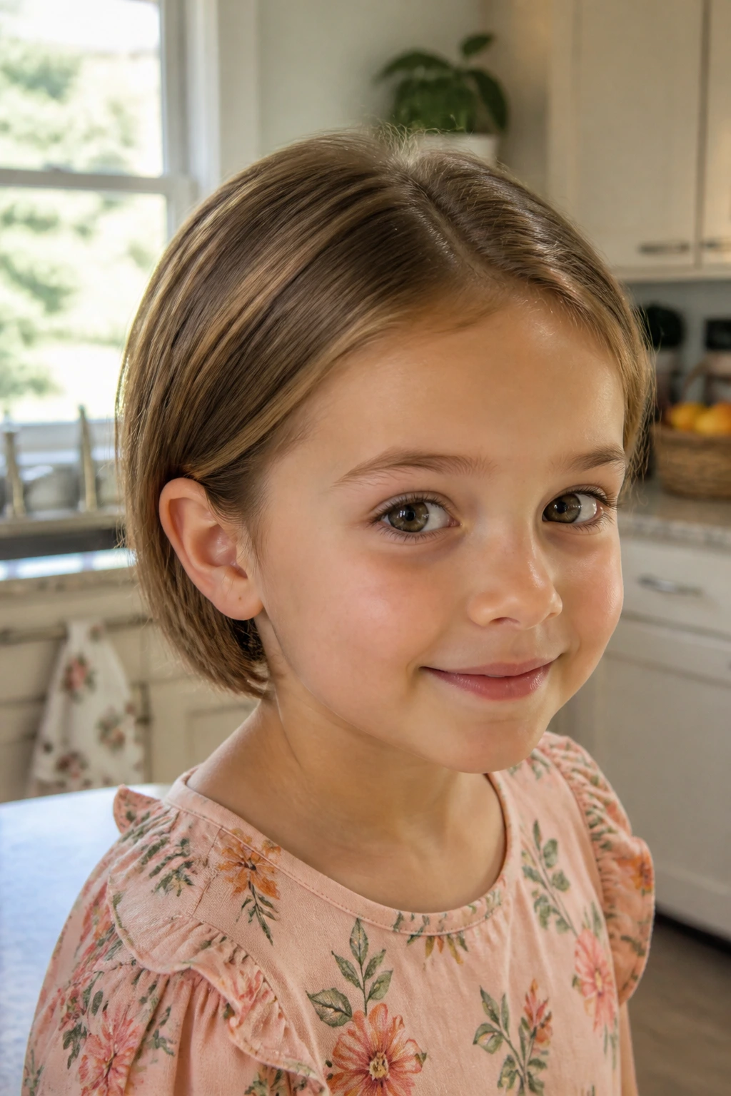 Close-up of a young girl with a tidy short bob in a sunlit home setting.