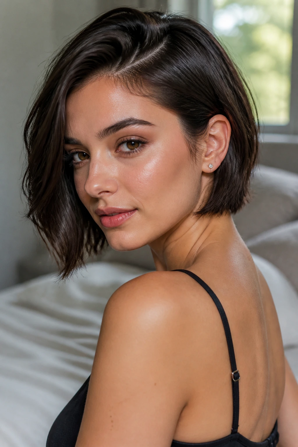 Close-up portrait of a real person with a chic short hairstyle and crisp side part in natural window light