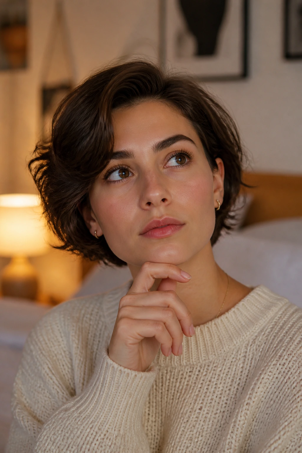 Thoughtful close-up of real person with short hair in a cozy room