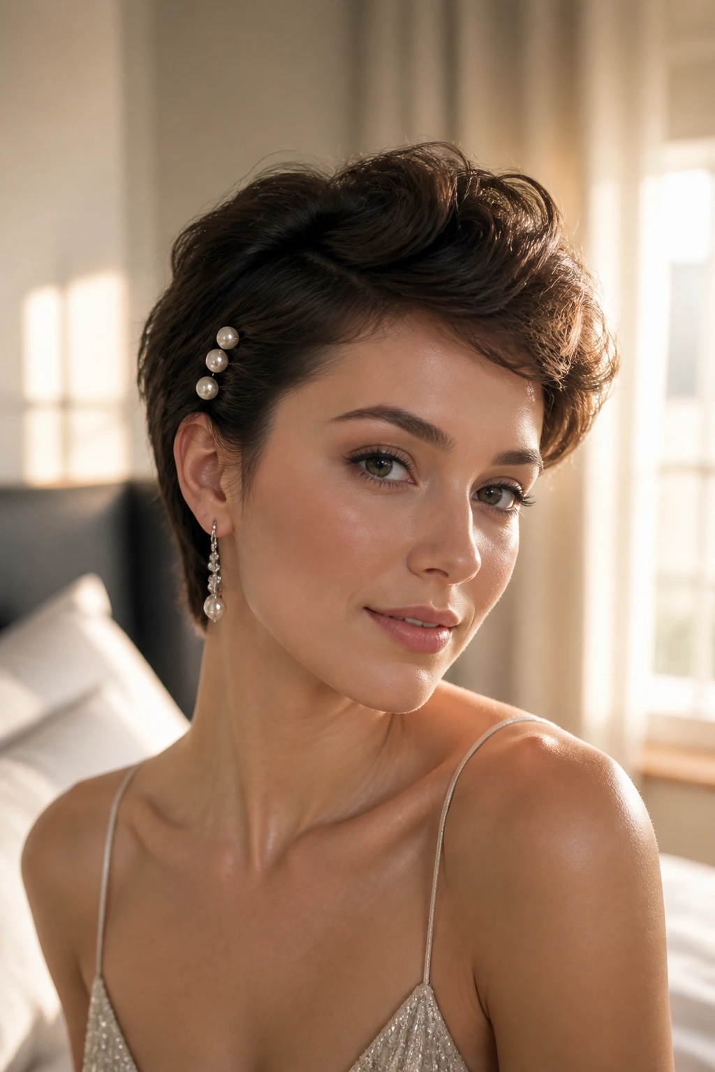 Close-up of a real woman with short pixie cut styled in soft waves with pearl pins
