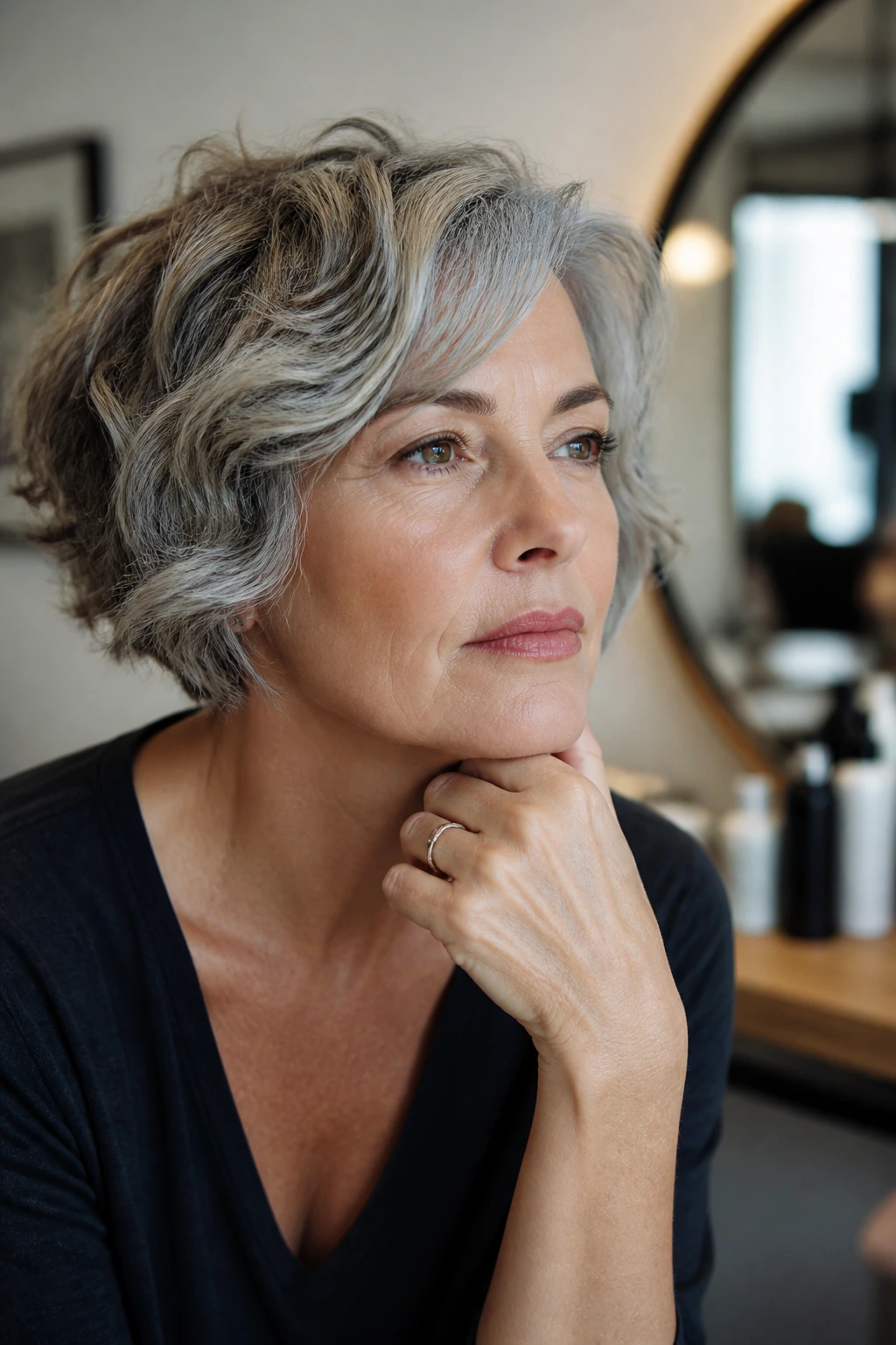 Close-up of a woman contemplating a short wavy hairstyle