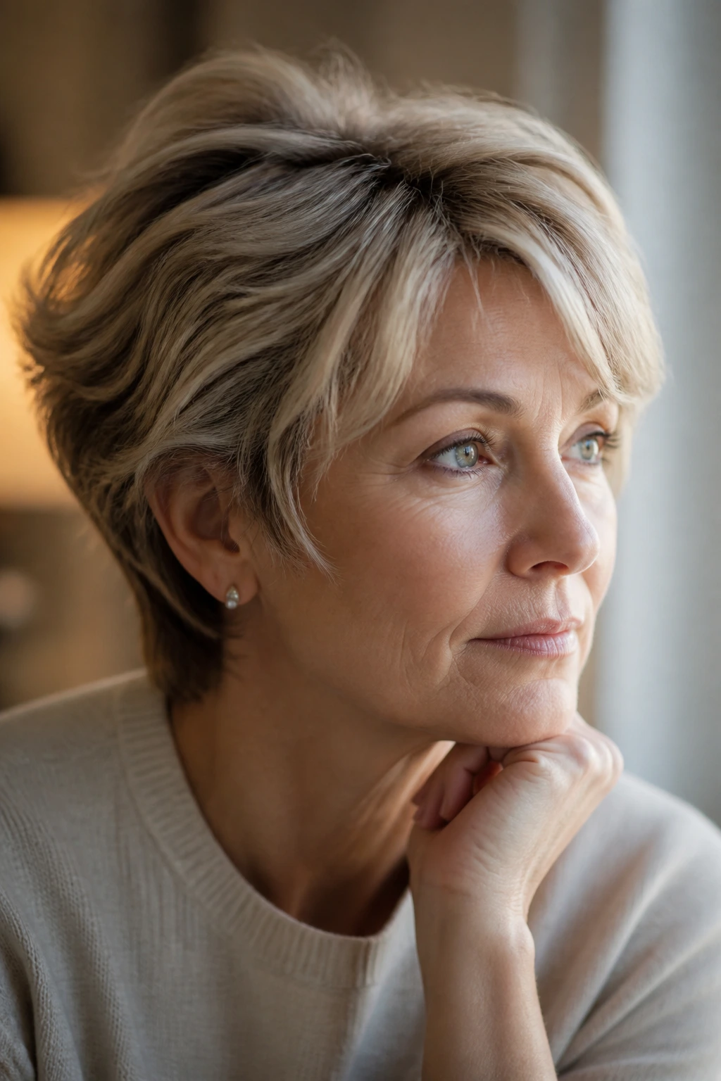Thoughtful woman with short layered haircut in a cozy indoor setting