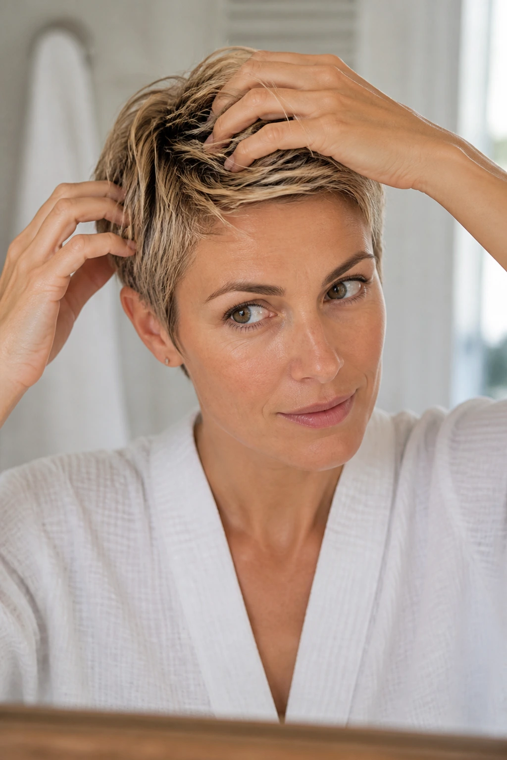 Real woman shaping short hair with hands in bathroom light