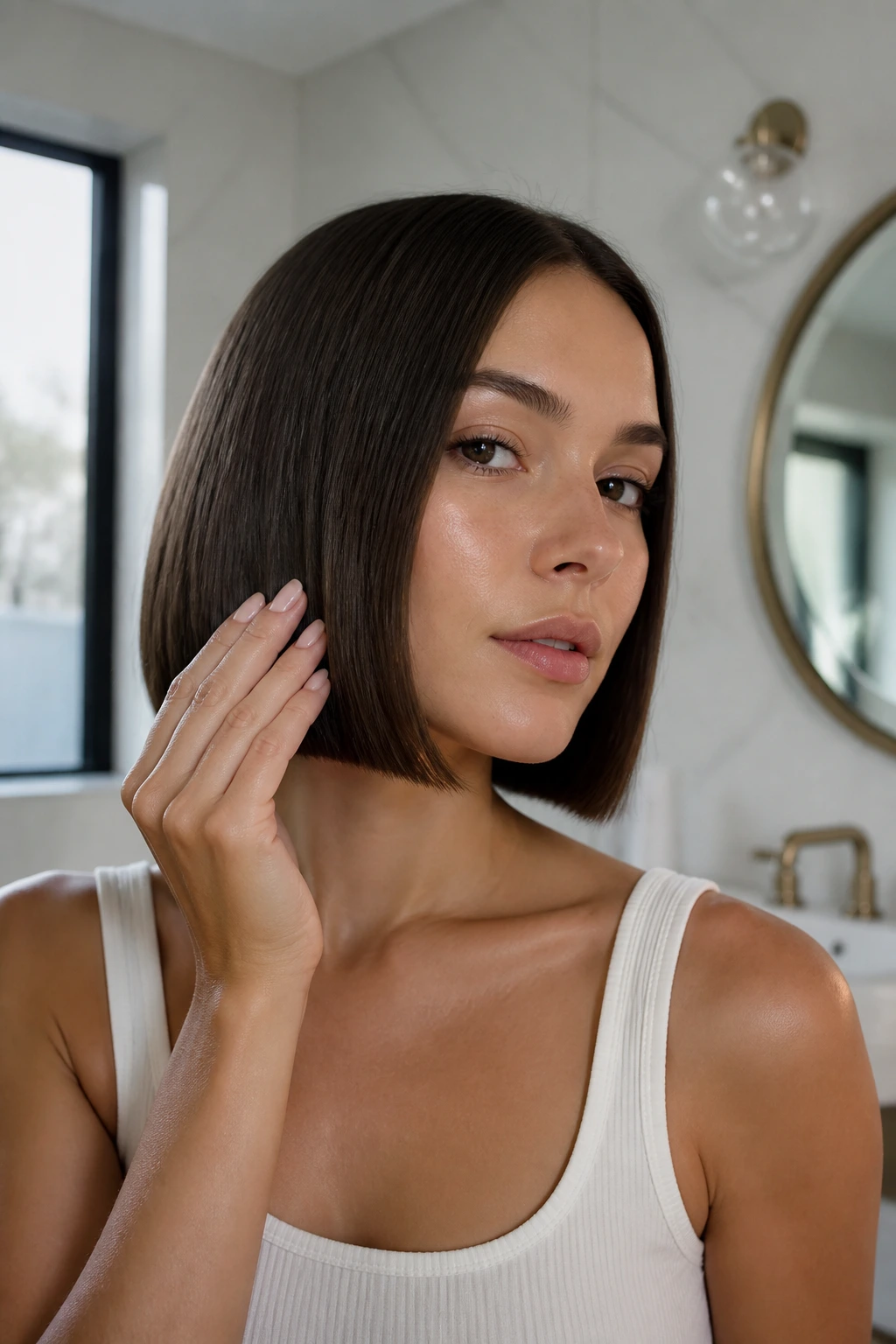 Portrait of a woman with a sleek blunt bob being refreshed between washes