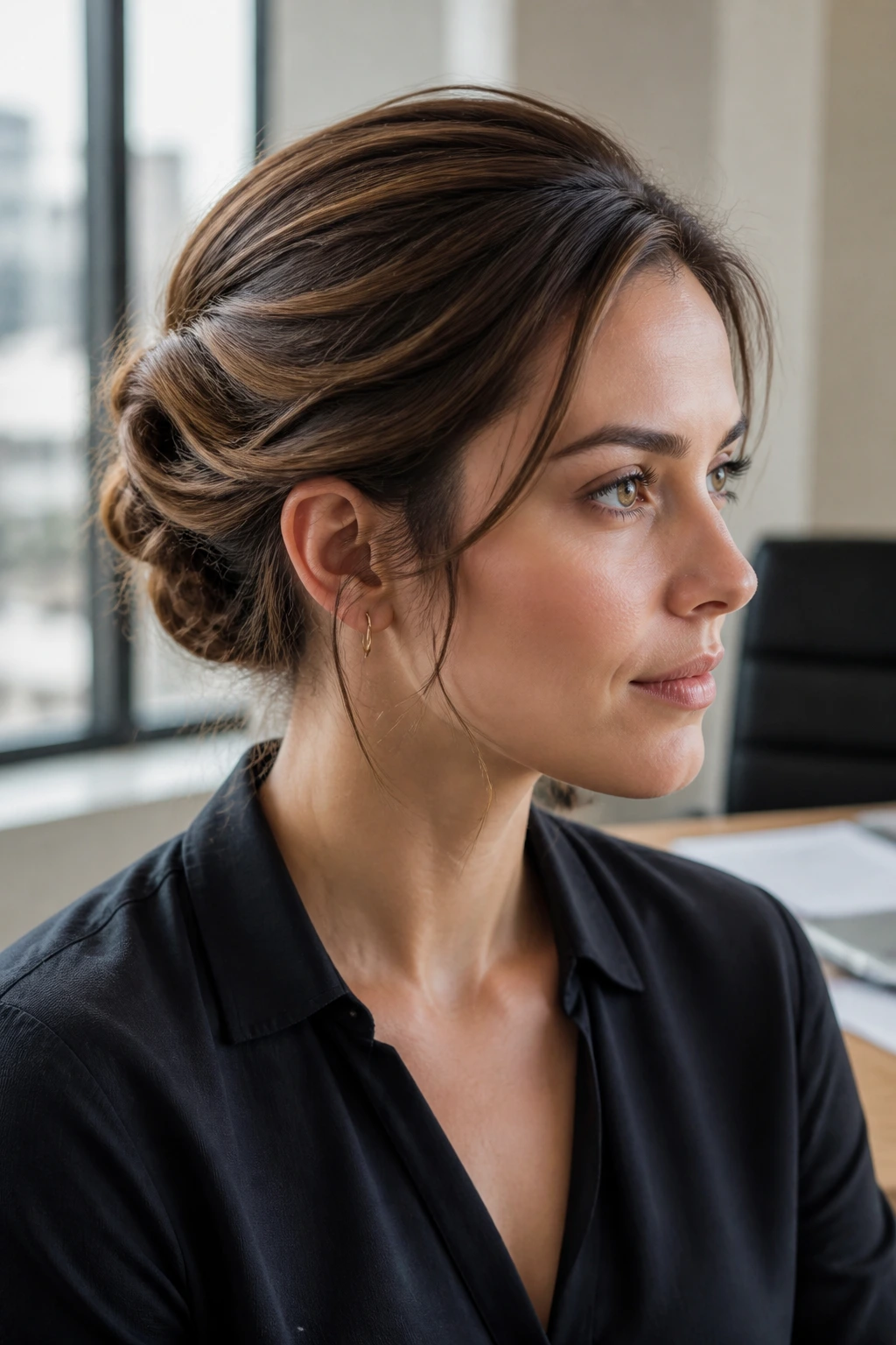 Close-up of a real woman with a rolled bun for short hair in an office setting