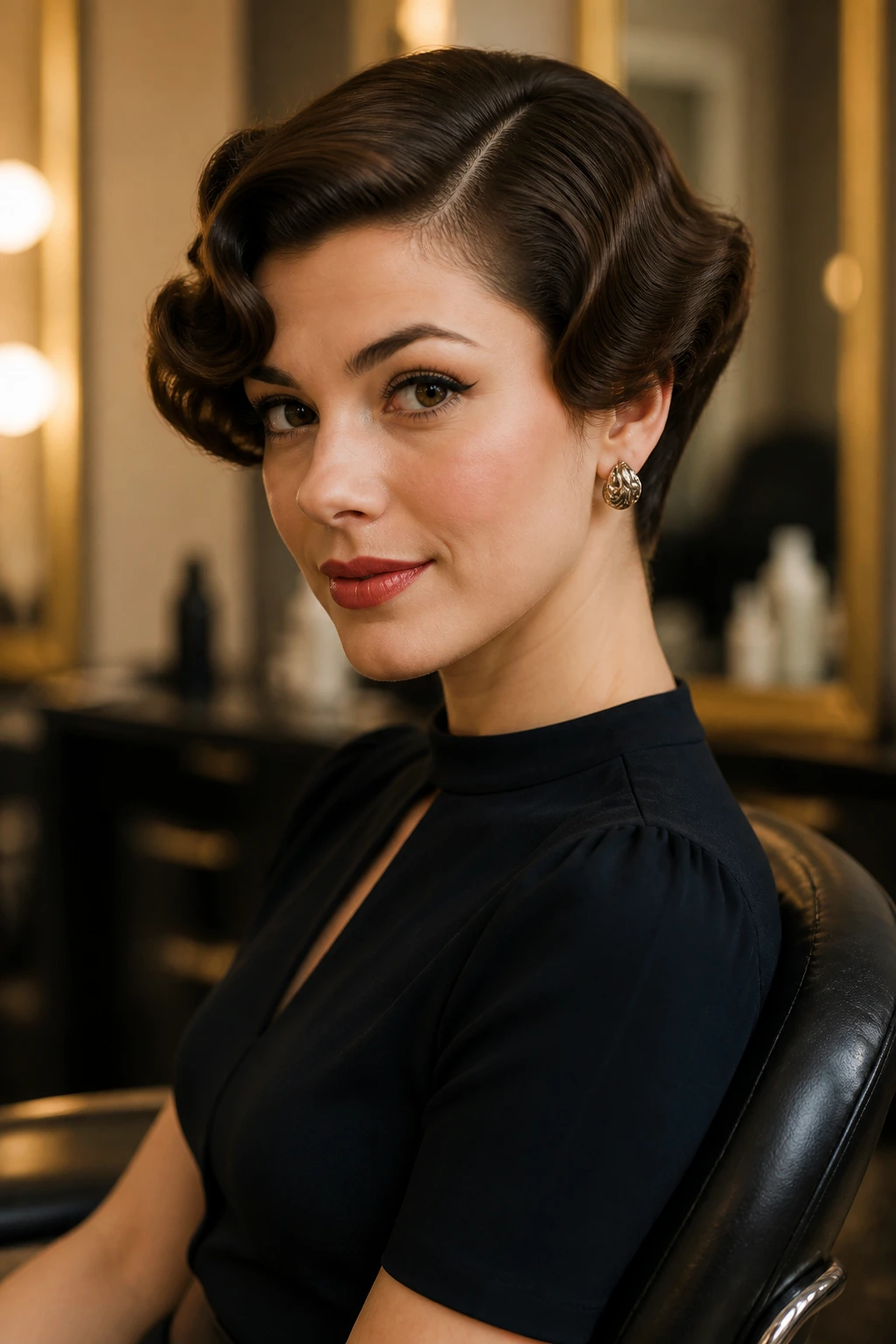 Close-up of a short hairstyle sculpted into vintage waves with a carved side part