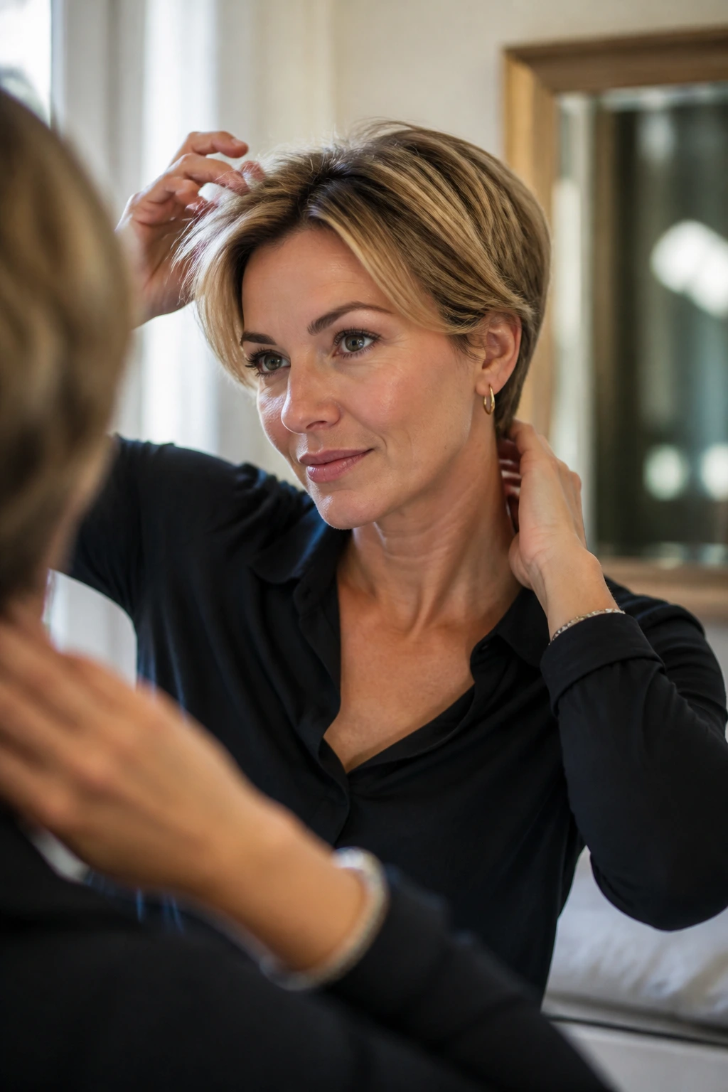 Real woman at home maintaining short-hair shape with a light touch-up