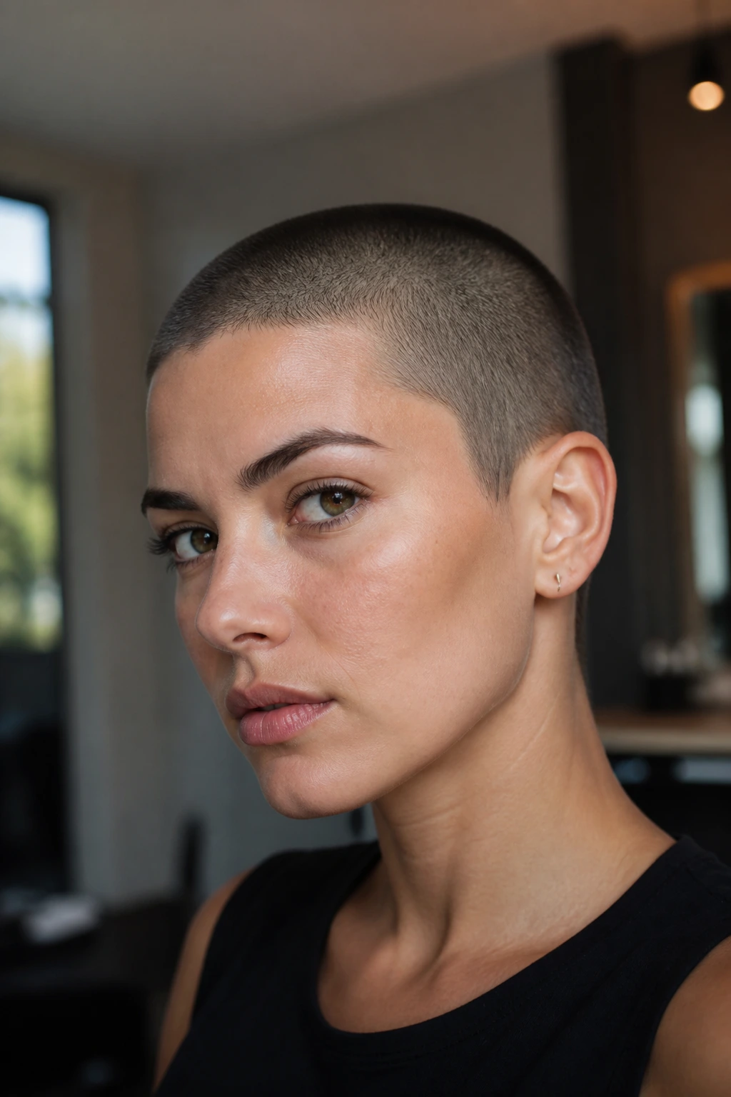 Close-up portrait of a real woman with a bold ultra-short buzz cut.
