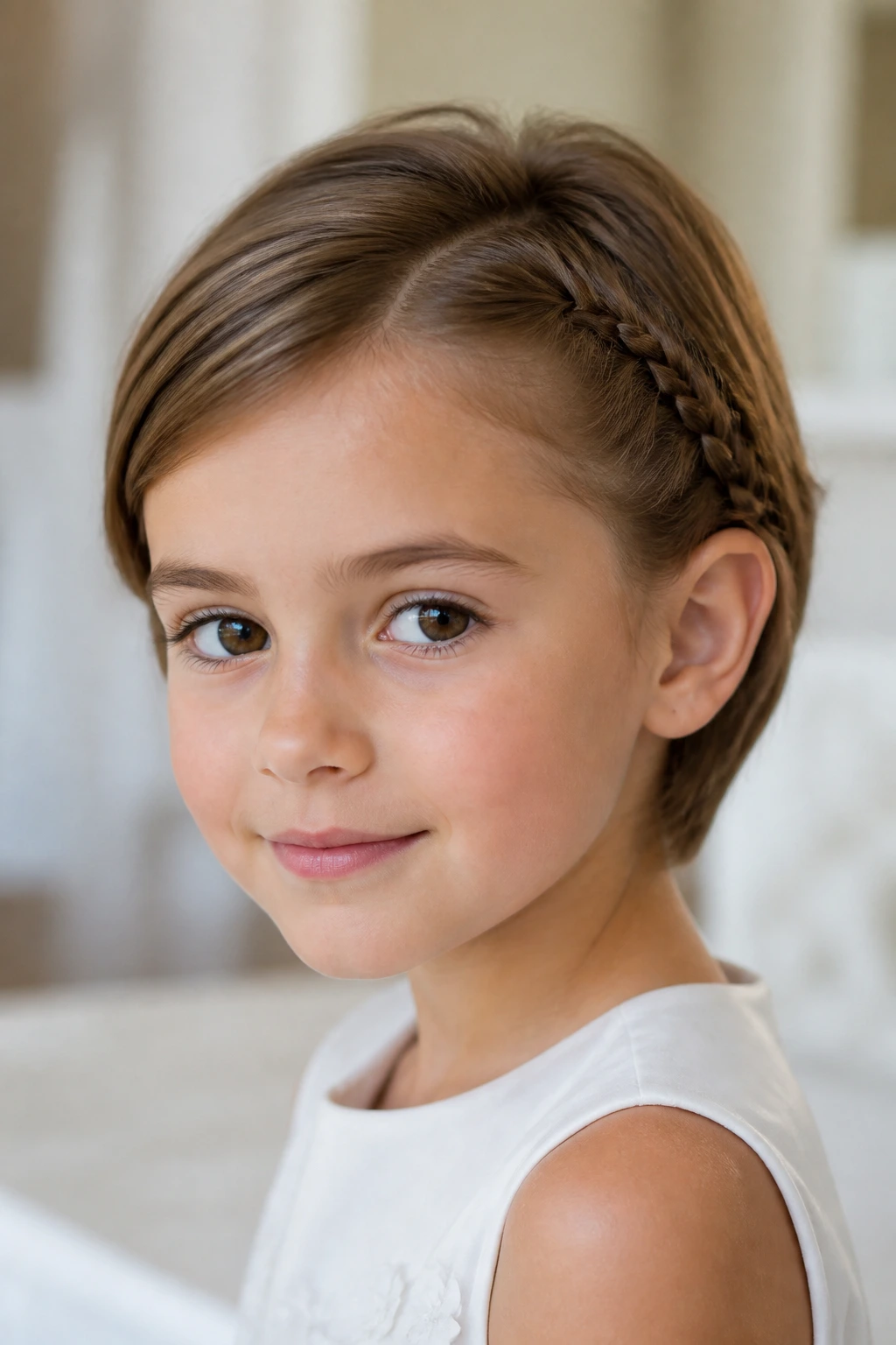 Close-up of a short hairstyle with a side braid accent