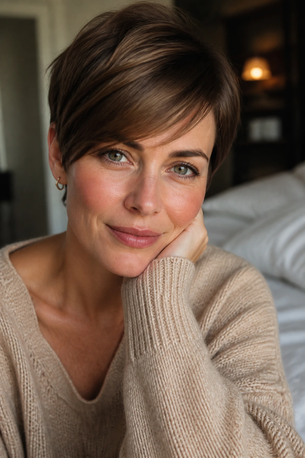 Close-up of a woman with a short hairstyle and side fringe in warm window light