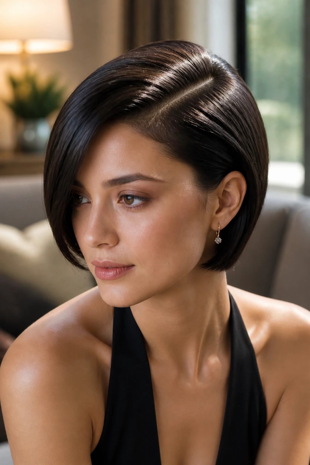 Close-up of a person with deep side part and glossy short hair in daylight