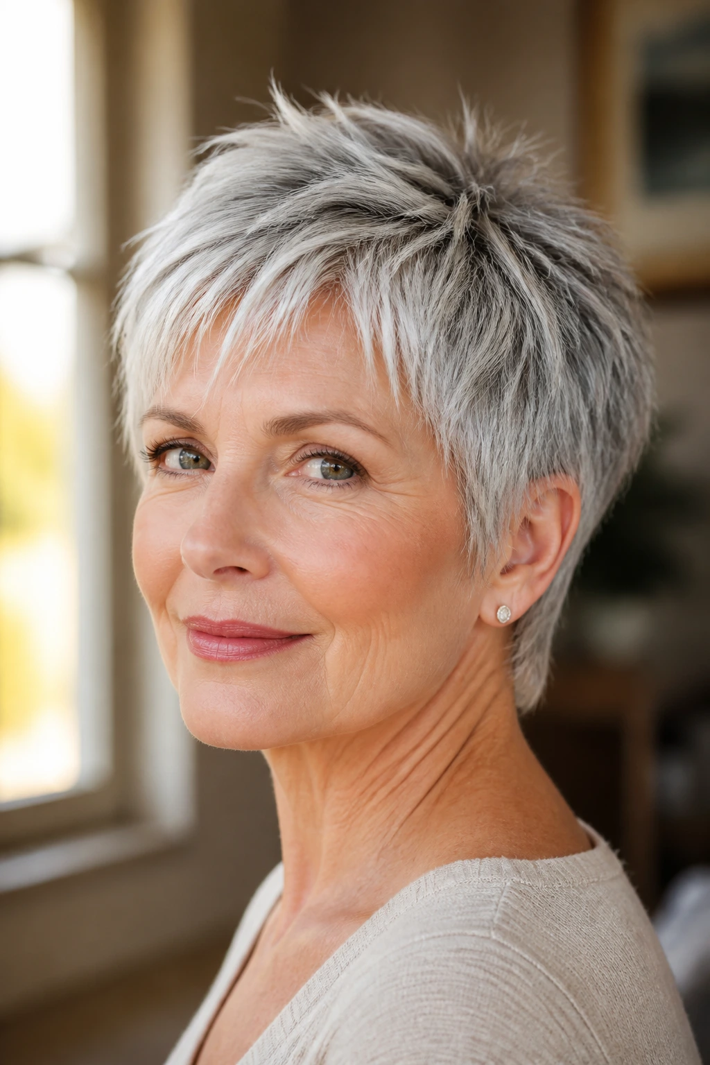 Close-up portrait of a real woman with silver-gray choppy ends and textured haircut