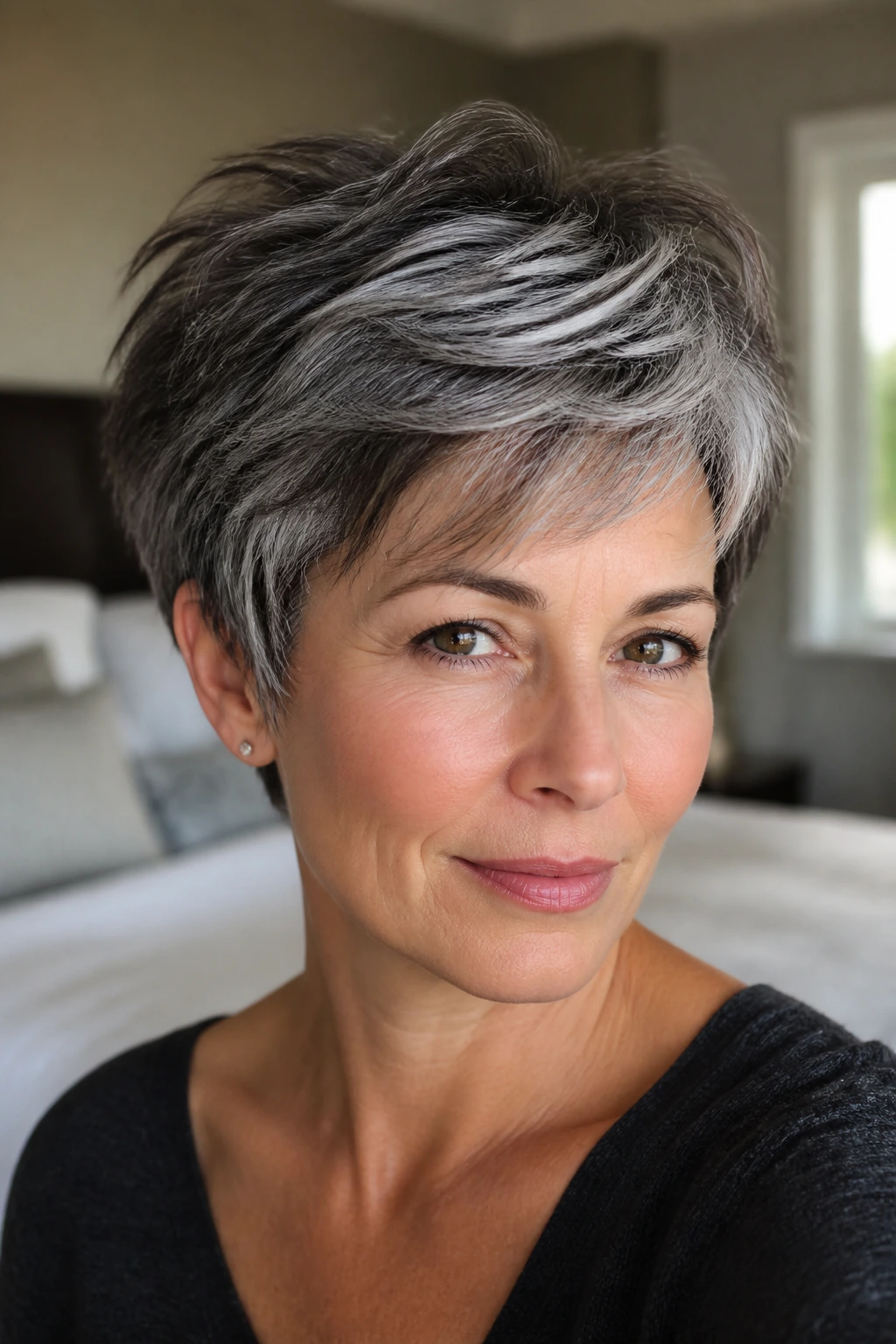 Close-up portrait of a woman with a tousled boyish cut and silver sweep in soft window light