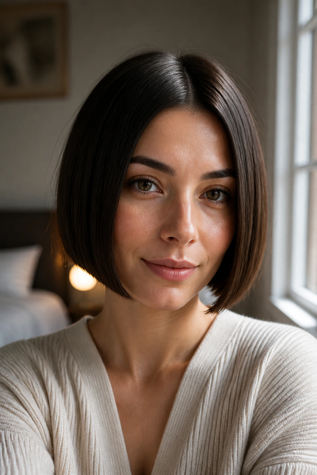 Close-up of a woman with a sleek chin-length bob and smooth straight finish in natural bedroom light