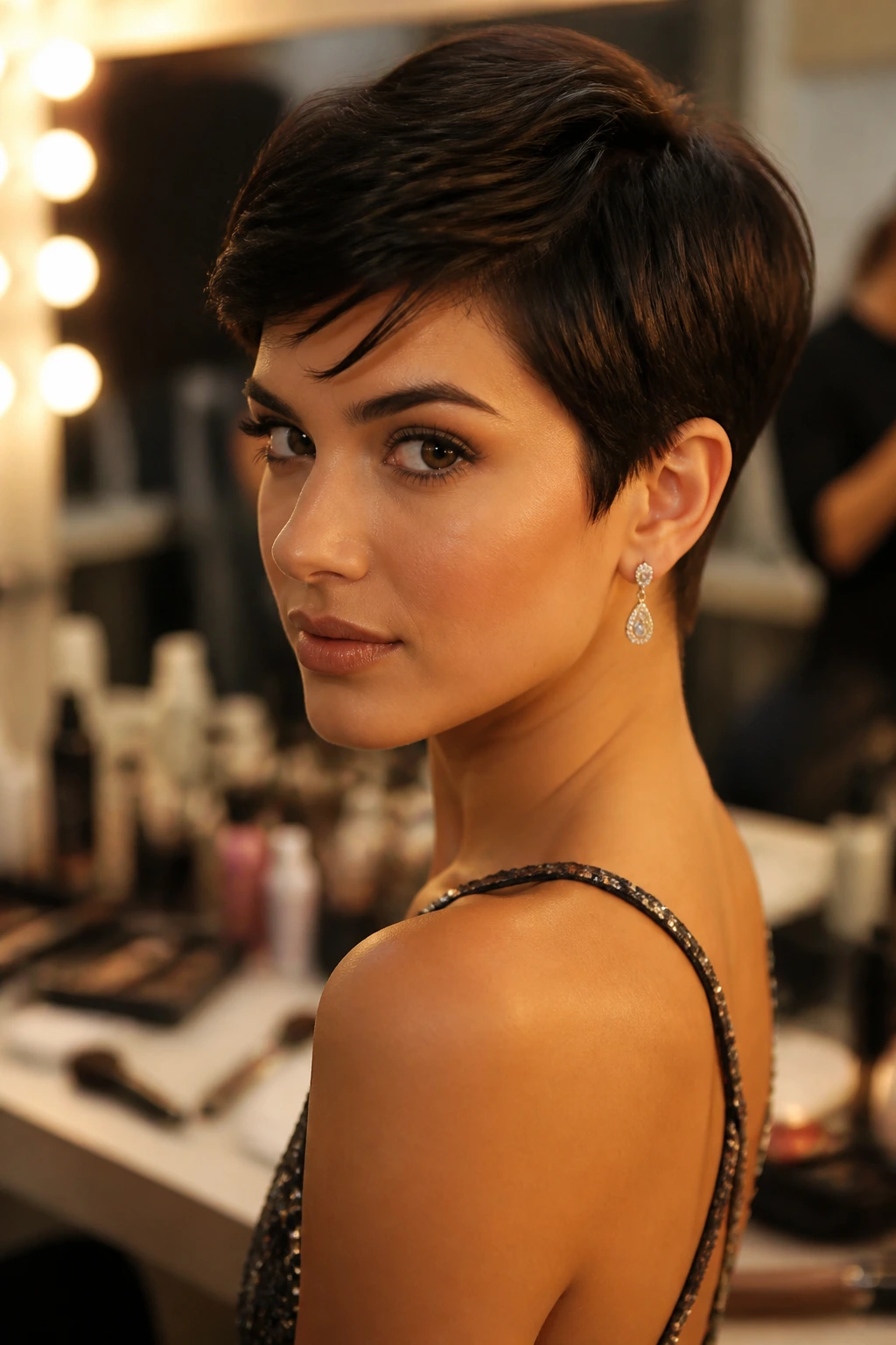 Close-up portrait of a real person with a chic short hairstyle in warm backstage lighting