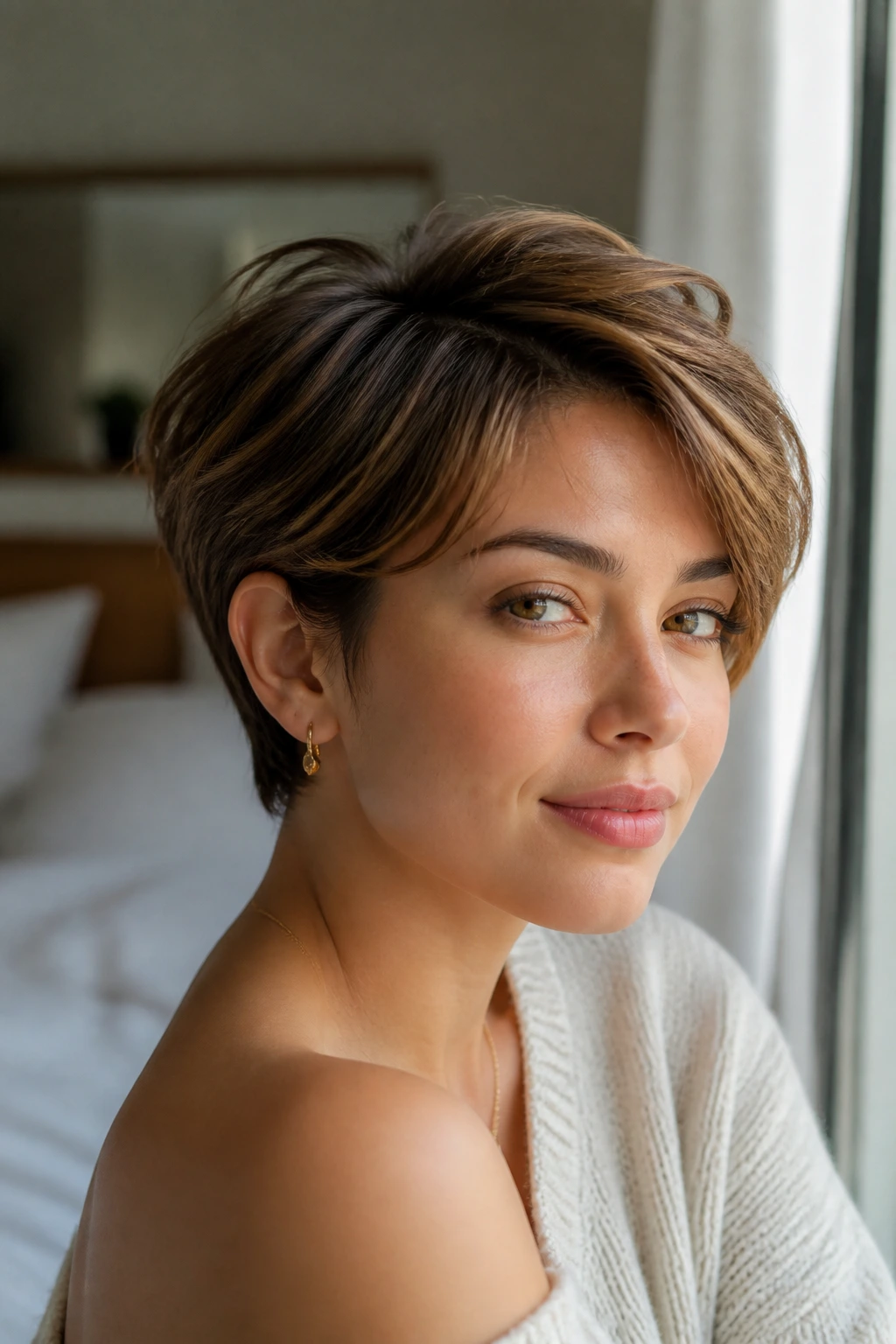 Close-up portrait of a real woman with short hair in natural light