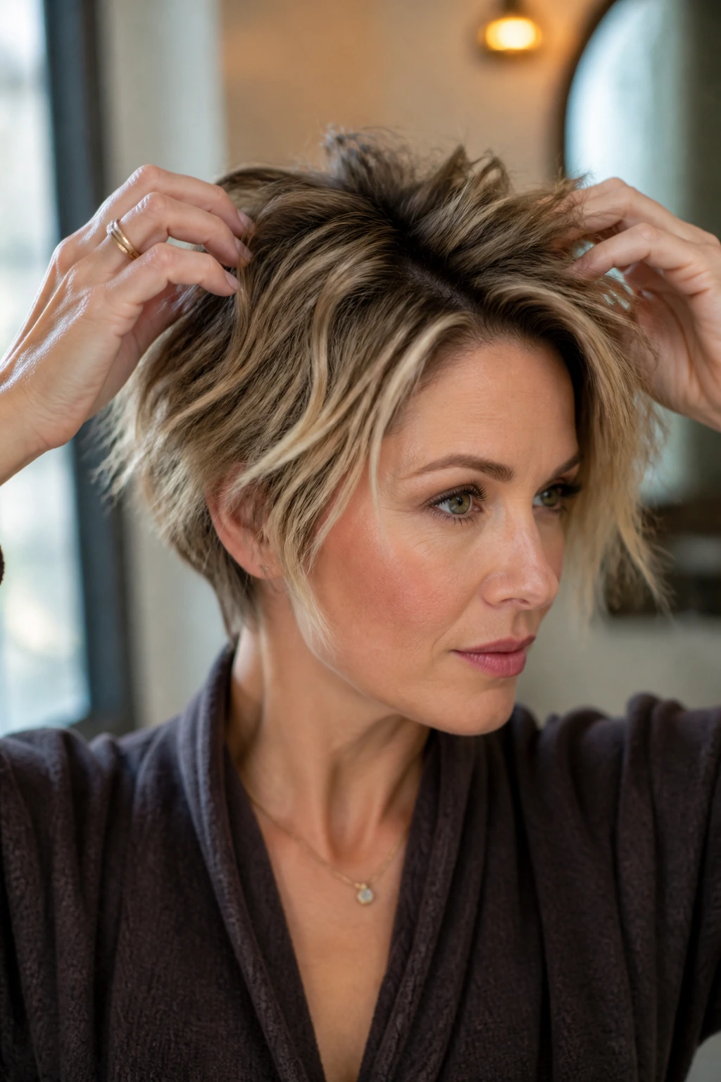Close-up of a real person styling short choppy layers for lift