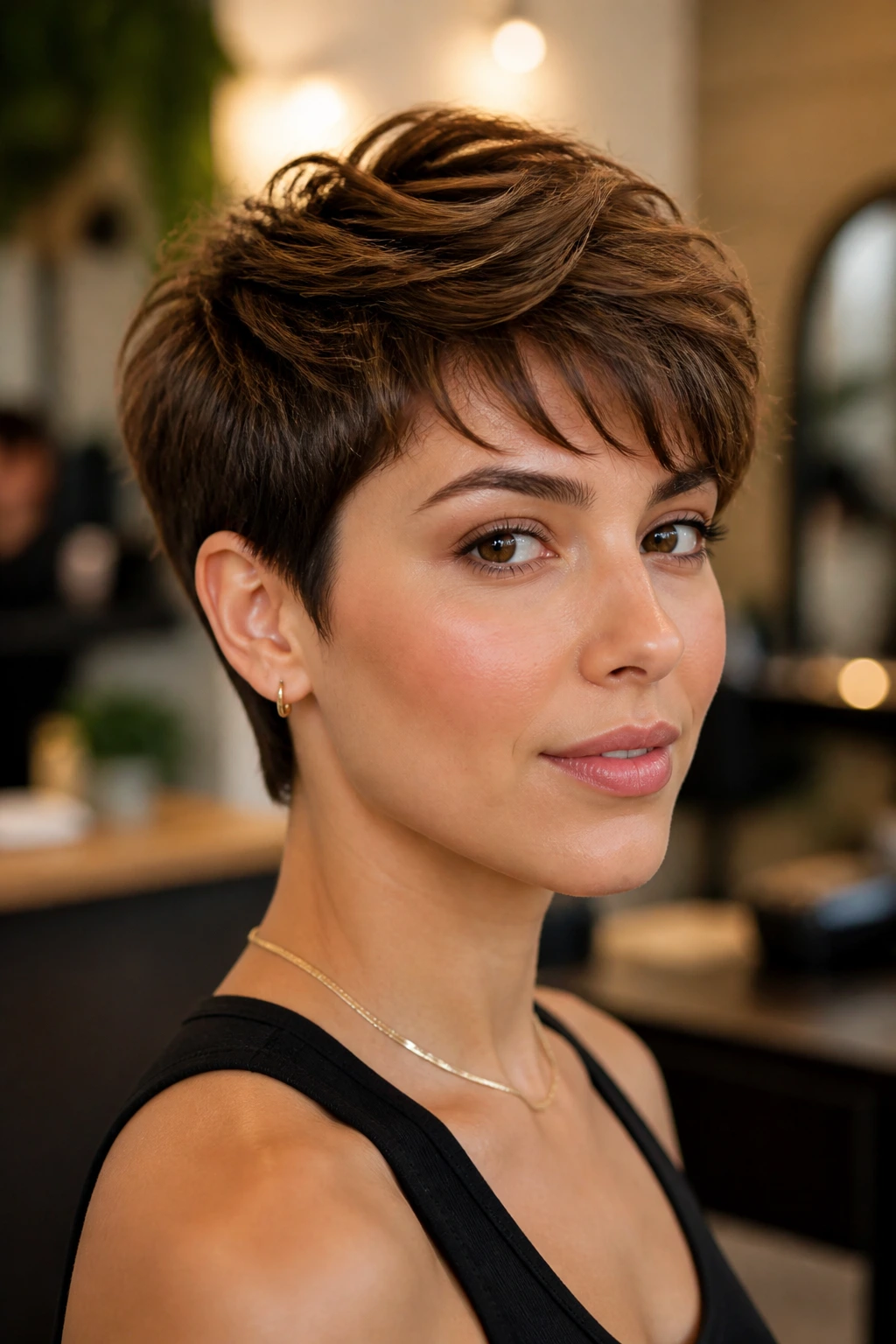 Portrait of a person with a crisp, intentional short hairstyle