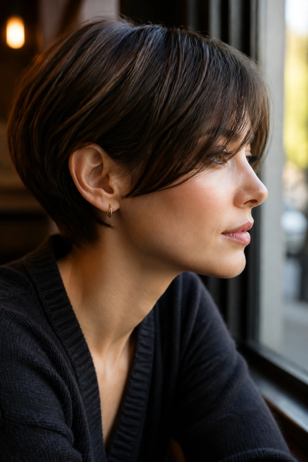 Close-up profile portrait of a real person with swoopy bangs and short hair in cafe light