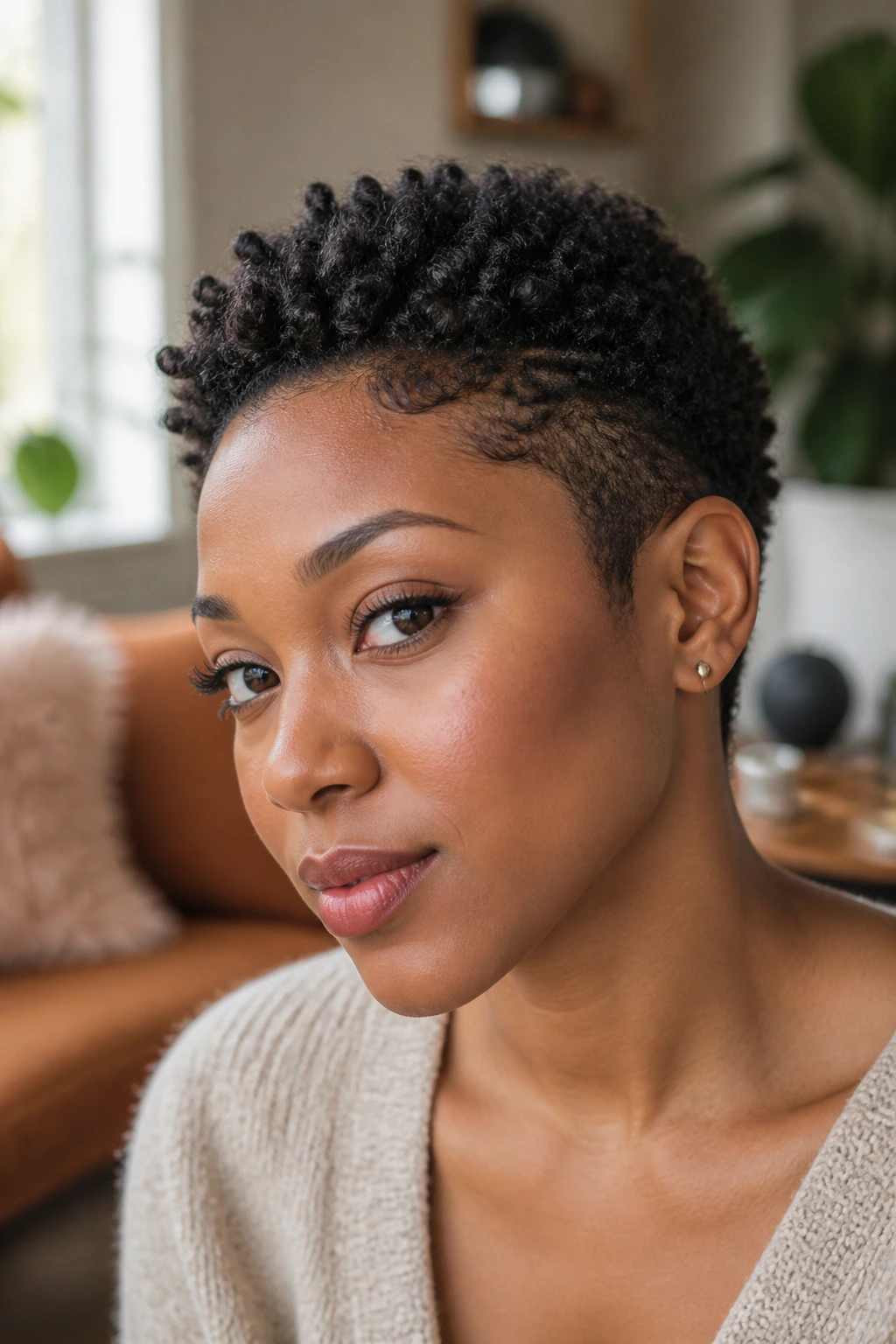 Close-up portrait of a Black woman with a tapered short haircut and finger coils in warm light