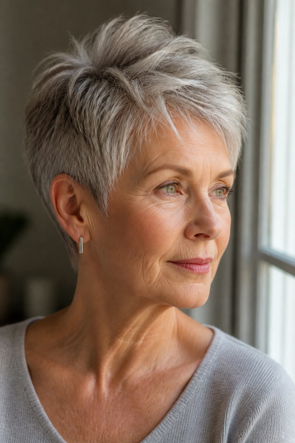 Close-up of short-haired older woman highlighting texture