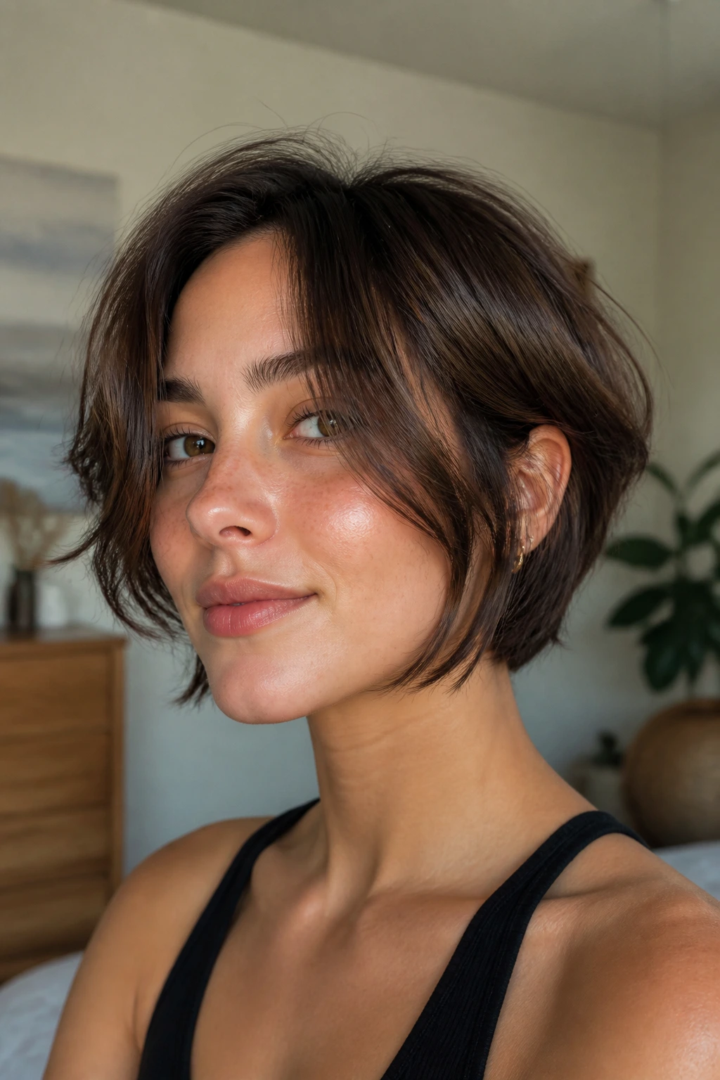 Real woman with short layered hair showing texture variations at the front