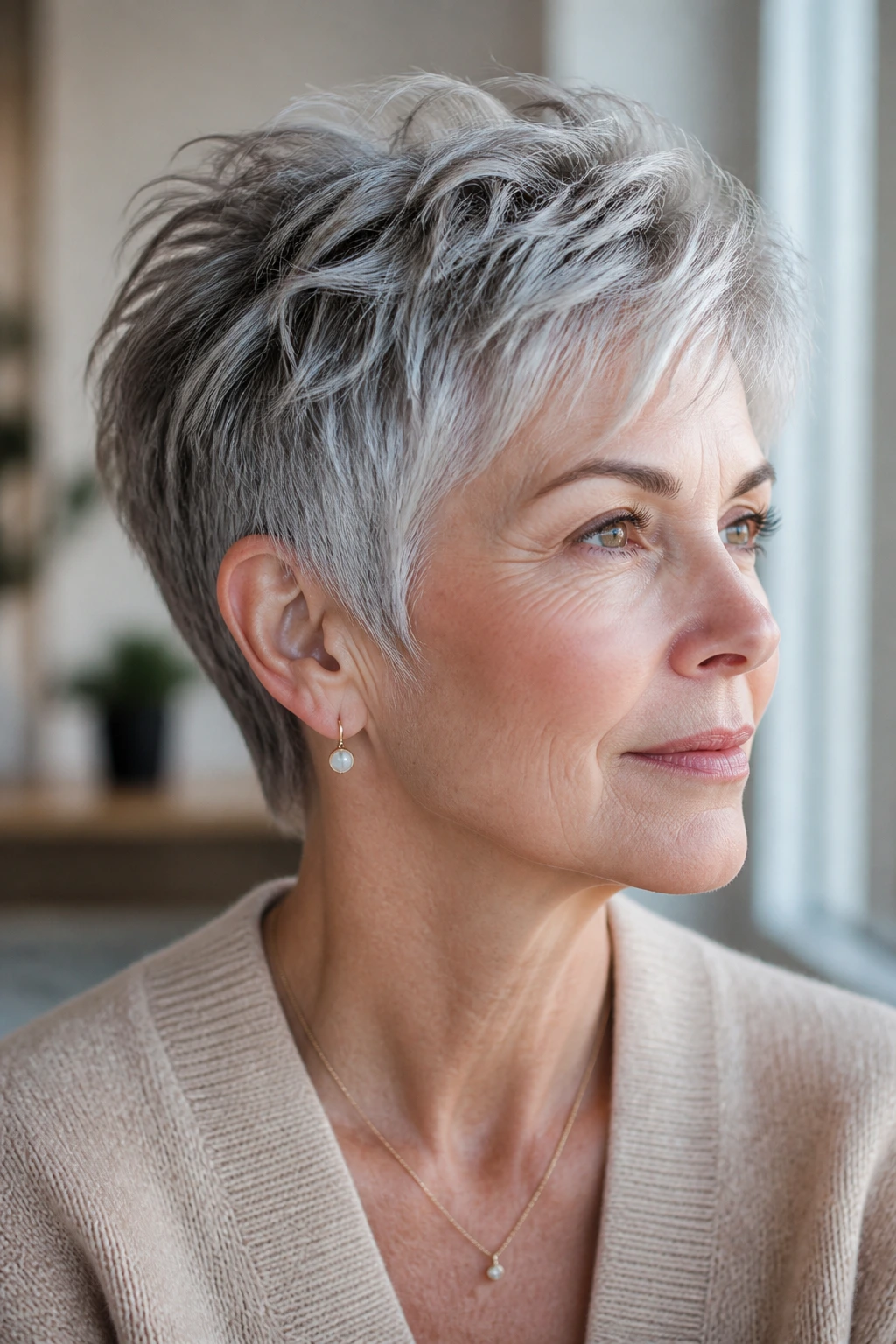 Real woman with short textured haircut featuring silver strands in natural light.
