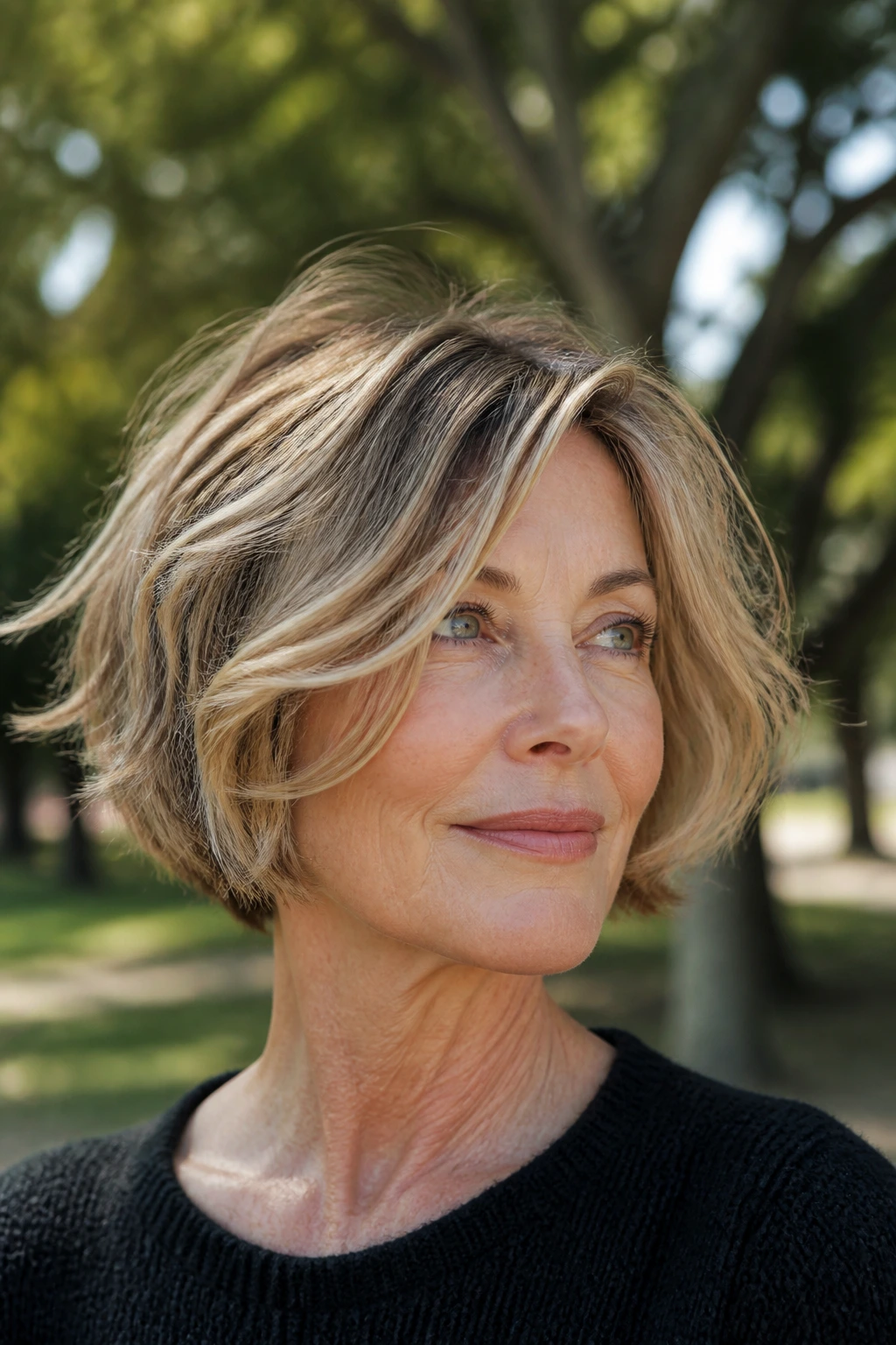 Portrait of real person with textured short bob outdoors in daylight