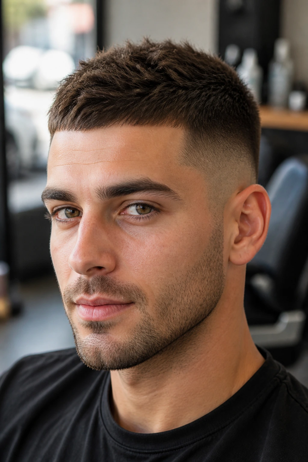 Close-up portrait of a man with textured short crop and taper in barbershop