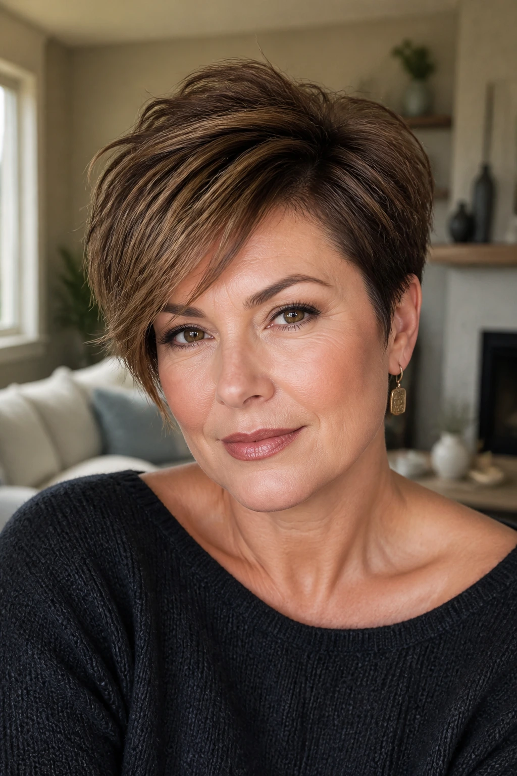 Close-up portrait of a real woman with a sculpted short haircut emphasizing shape in a cozy living room