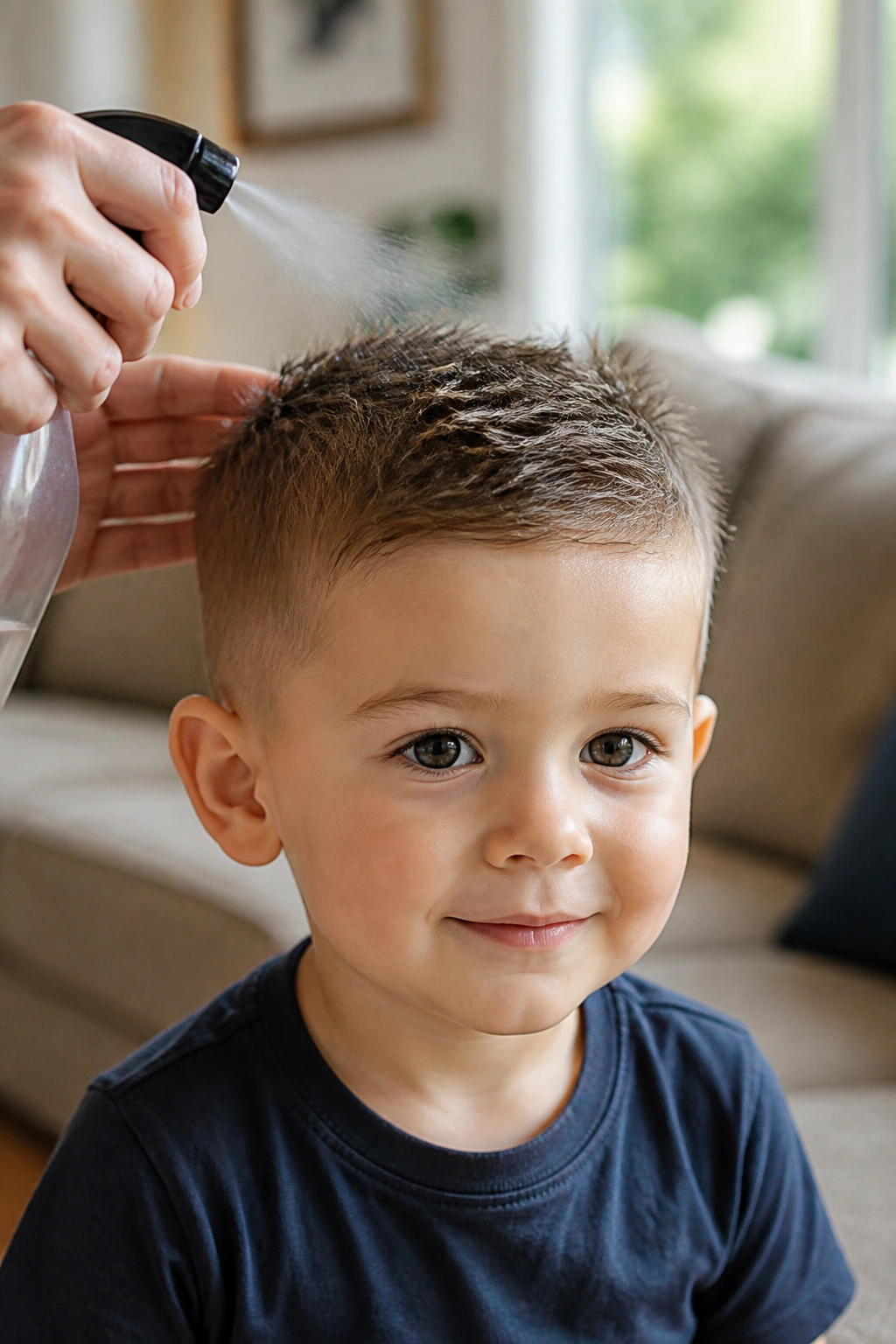 Toddler boy with neatly finished short haircut in a warm home setting
