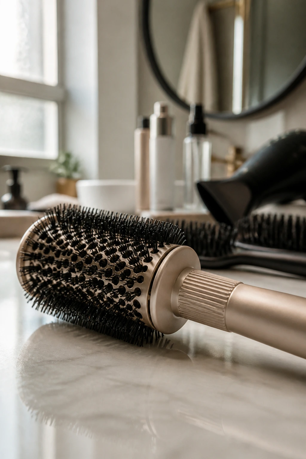 Close-up of a small round brush on a bathroom counter for short hair styling