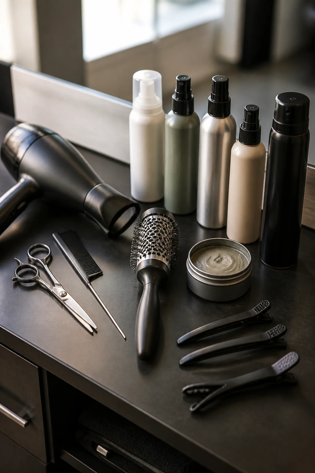 Close-up of essential short-hair tools on a salon counter