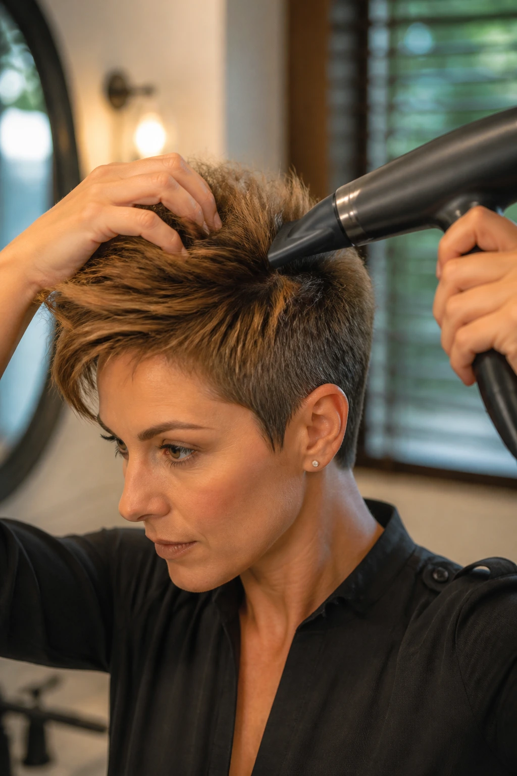 Close-up portrait of thick short hair styled with a nozzle dryer in a warm bathroom