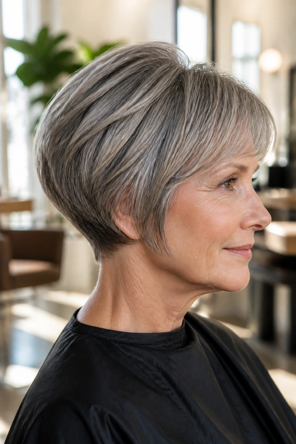 Close-up portrait of a real woman with a short stacked bob in a salon setting